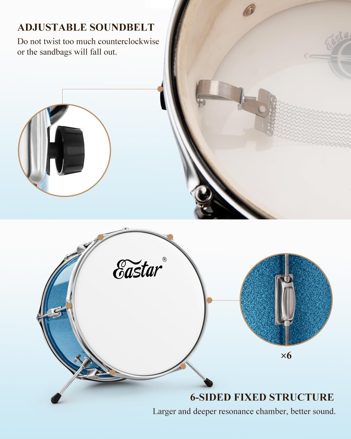 Kids Drum Set Eastar 3-Piece for Beginners, 14 inch Drum Kit with Adjustable Throne, Cymbal, Pedal & Two Pairs of Drumsticks, Junior Drum Set with Bass Tom Snare Drum, Metallic Sky Blue