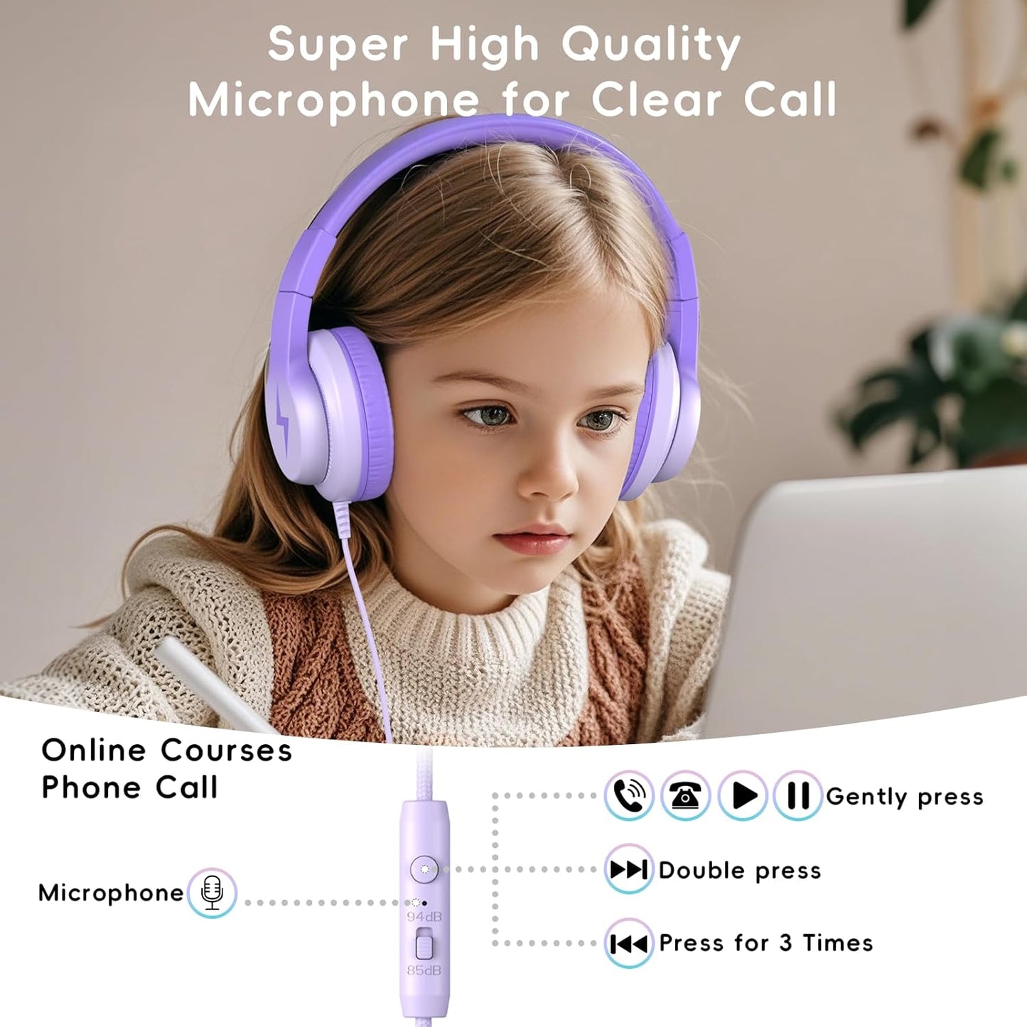 Kids Headphones, Wired Headphones for Kids Over Ear with Microphone, 85/94dB Volume Limiter Headphone for Girls Boys, Foldable Headphone for Learning & Entertainment, Gradient Deep Purple