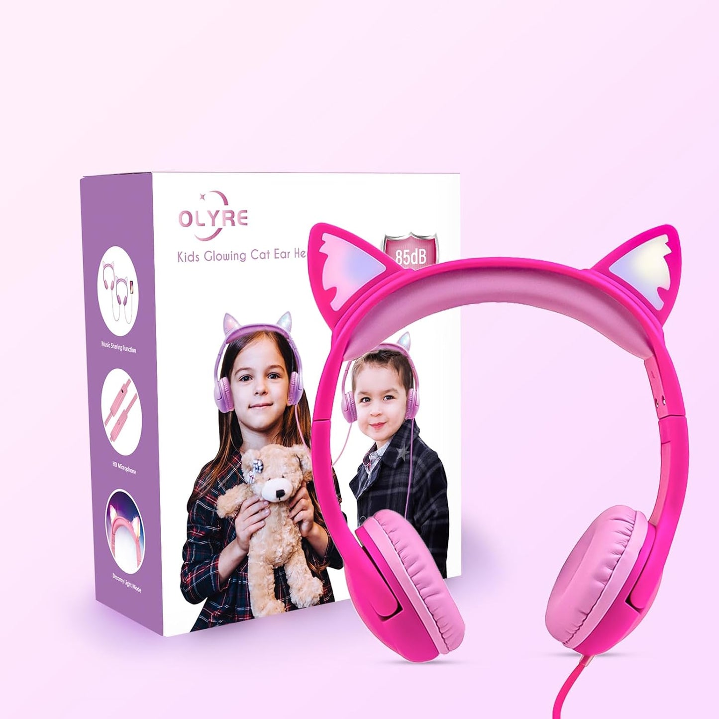 Kids Headphones with Sharing Port, Safe 85db Volume Control Light Up Cat Ear Headphones for Tablets/E-Readers, Wired Children Headphones with Microphone for School Learning Travel - Rose