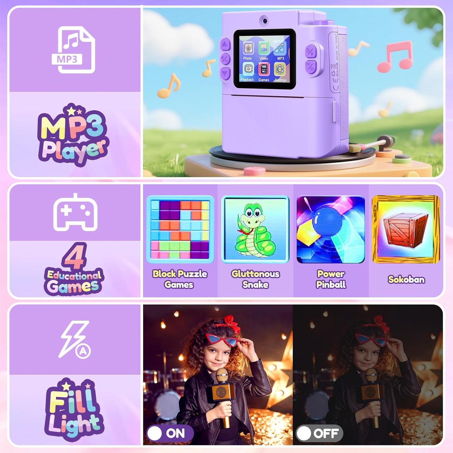 Kids Camera Gift for Girls: Selfie Digital Instant Print Cameras HD Camcorder Toys for Kids Teen Girls Boys Ages 3 4 5 6 7 8 9 10 12 Birthday Christmas Valentines Easter Gifts with 32G SD Card Purple