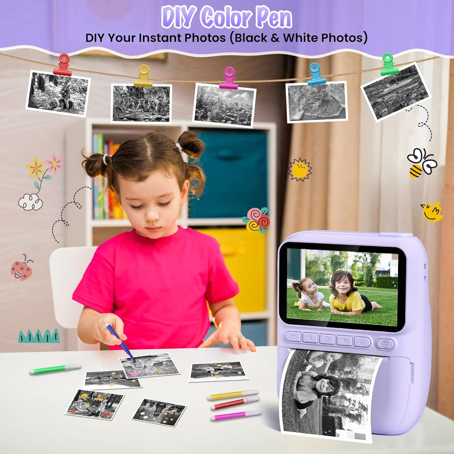 Kids Camera Instant Print, 3.0" HD 32MP Kids Camera Christmas Birthday Gifts for 3 4 5 6 7 8 9 10 11 12 Year Old Girls Boys, 32GB SD Card-Purple