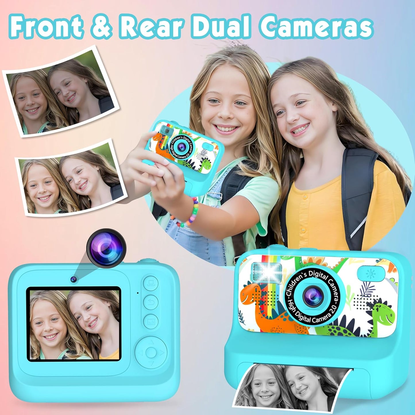 Kids Camera, Upgrade Kids Camera Instant Print, Front Rear Dual Selfie Digital CAM with 1080P Videos, Portable Travel Toy with Games and Music, Christmas Birthday Gift for Boys, Girls and Teens