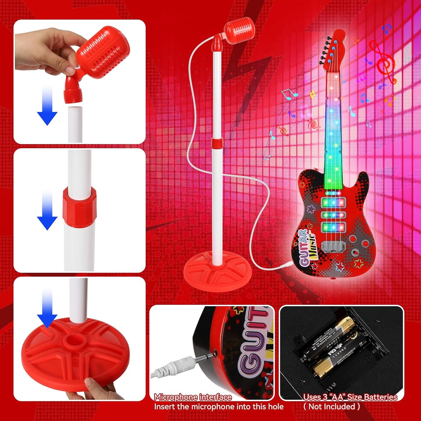 Kids Guitar and Microphone Playset with 4 Strings, Electric Guitar Kit with Lifting Mic Stand, Toddler Toys Musical Instruments Starter Kit, Karaoke Machine Toys for Boys Girls Christmas Guitars Gifts