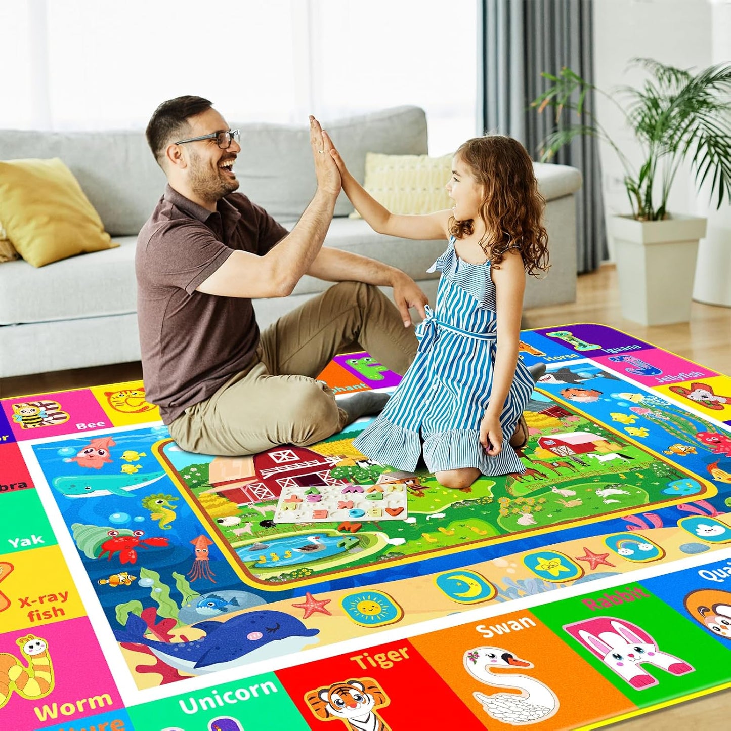 Kids Rug for Playroom, Kids Baby Playmat with Farm Sea Animal, Alphabet ABC Educational Rug, Floor Play Mat Carpet for Bedroom Preschool Classroom (110.2X78.7 INCH, Farm)
