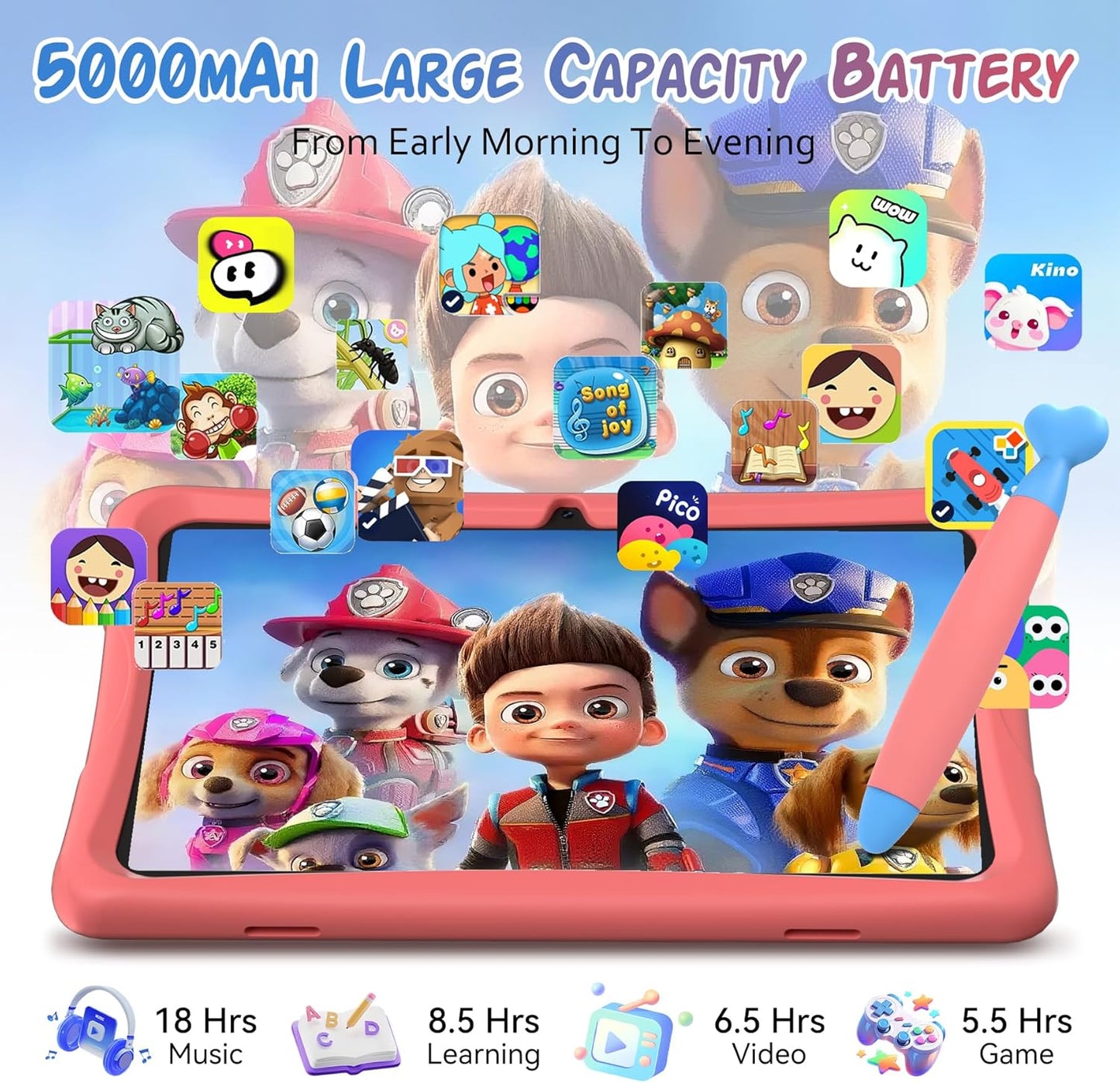 Kids Tablet 10 inch, Android 15 Kids Tablets, Parental Control, Pre-Installed Kiddos Software & Kids Space, Includes Case & Stylus Pen, 12GB RAM 64GB ROM, 2TB Expand, HD IPS Screen(Pink)