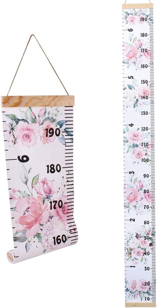 Kids Growth Chart, Wood Frame Fabric Canvas Height Measurement Ruler from Baby to Adult for Child's Room Decoration 7.9 x 79in (7.9 x 79in, Flowers)
