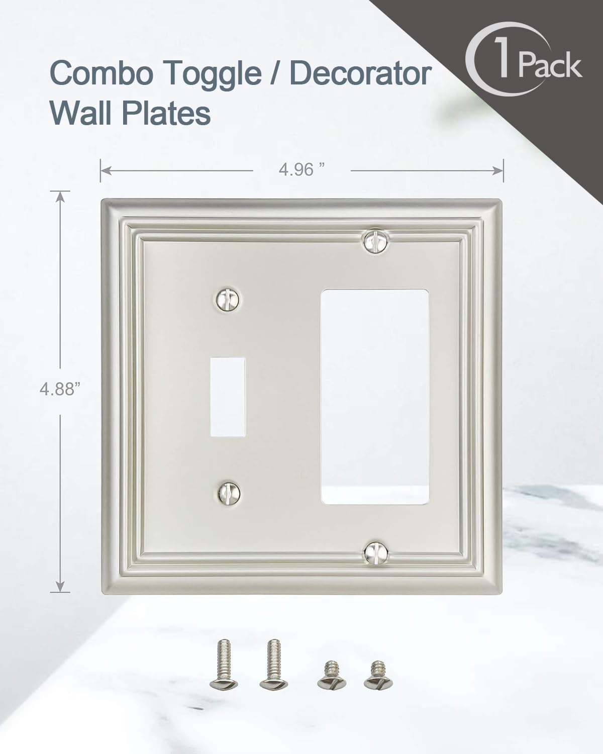1-Pack Combination Toggle/Decorator Wall Plate, Metal Wall Plate Cover for Light Switch, Receptacle, Dimmer Switch, Satin Nickel, 2-gang, Midsize