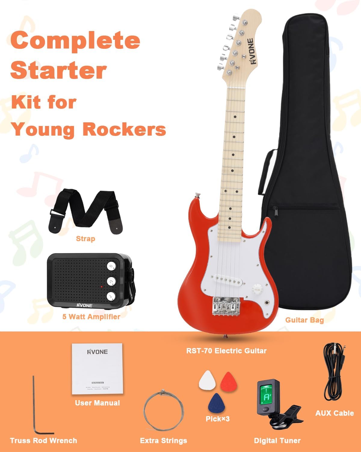 Kids Electric Guitar Beginner Kit 30 Inch, Mini ST Style Electric Guitar for Boys Girls with Amp 5W, Gig Bag, Tuner, Strap, Cable, Picks, Extra Strings, RST-70 Red