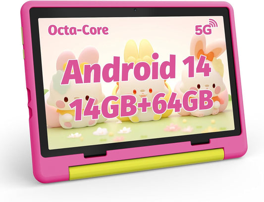 Kids Tablet 10 Inch Android 14 Tablet for Kids Ages 3-12, Octa-Core with Case, Parental Controls,14GB+64GB Storage (TF Expand 1TB), 5G WiFi, BT5.3, Pink
