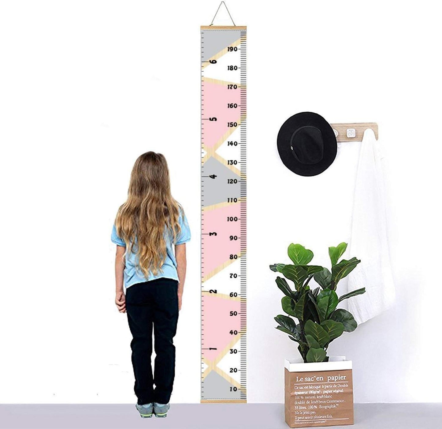 Kids Growth Chart, Wood Frame Fabric Canvas Height Measurement Ruler from Baby to Adult for Child's Room Decoration 7.9 x 79in (7.9 x 79in, Pink & Grey)