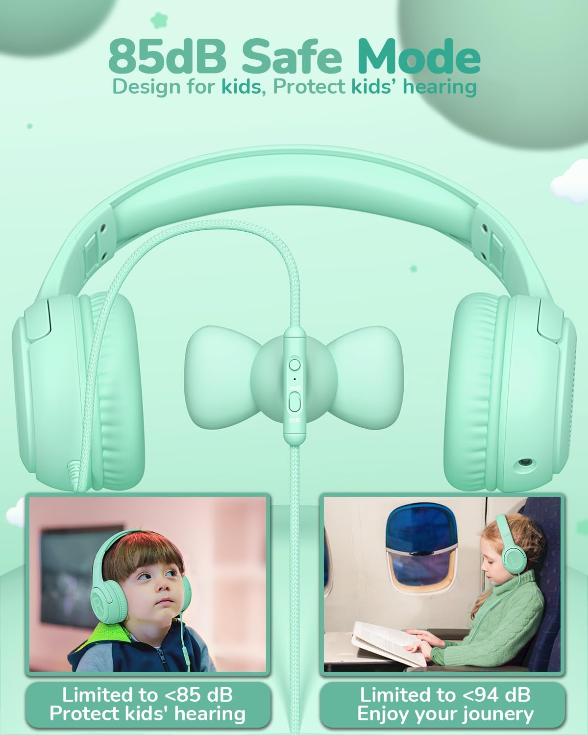 Kids Headphones for School Toddler Wired with Microphone Plug in Bulk Boys Headset Girls 3+ Year Old Green