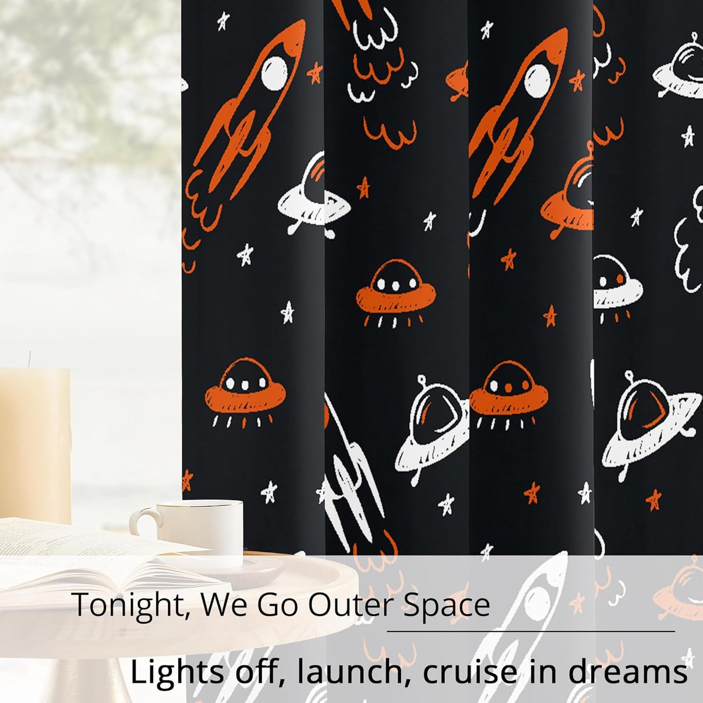 Kids Space UFO and Rocket Blackout Curtains - 100% Blackout, Thermal Insulated, Noise Reducing, Perfect for Kids Room and Nursery, 2 Panels (Starlight Rocket Chase, W52×L63)