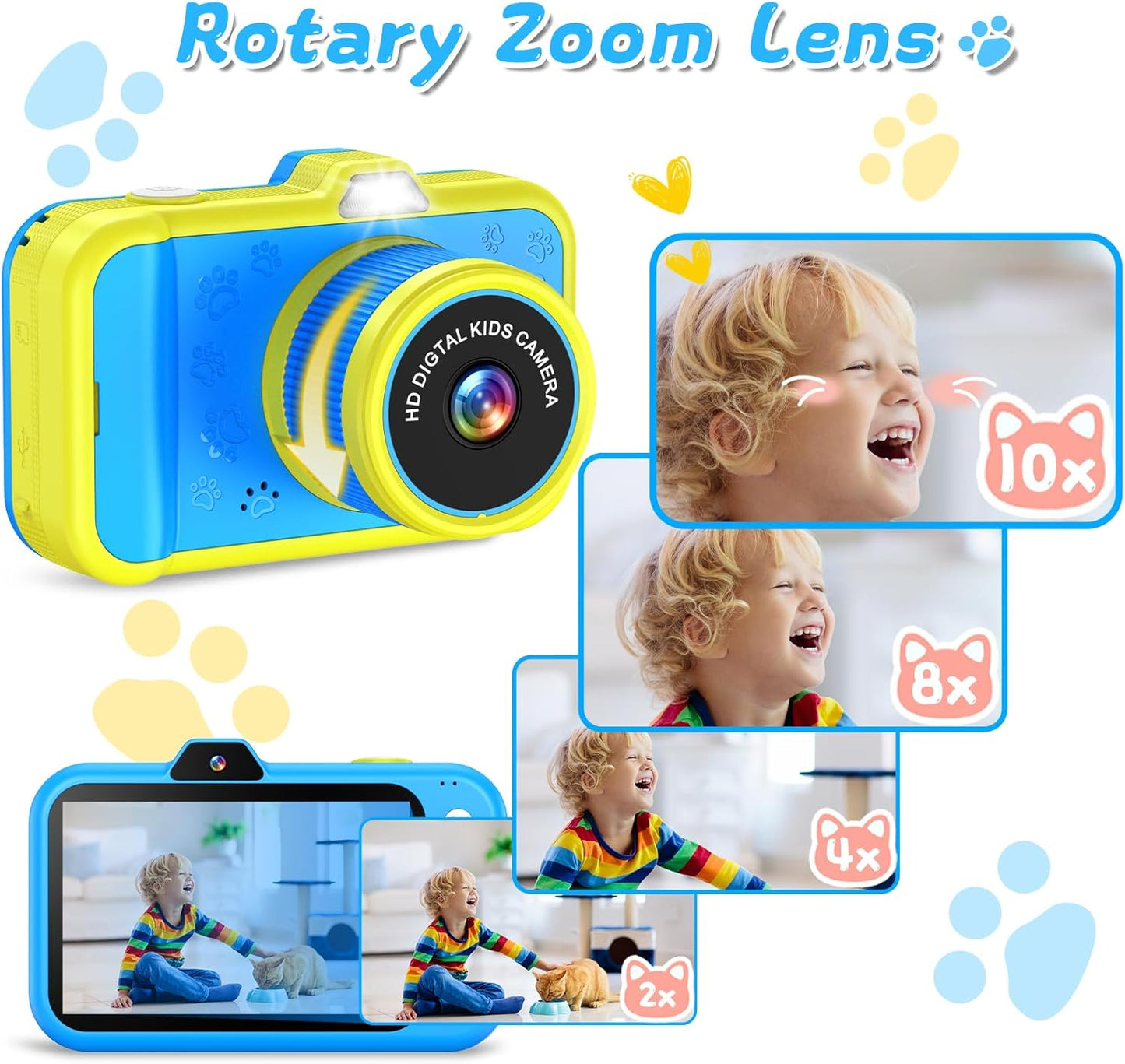 Kids Camera with Rotating Zoom Lens, 3.5” Large Screen, 1080P Kids Digital Camera with Flash,Selfie, 32GB Card, Toddler Toy Camera Christmas Birthday Gifts for Boys Girls 3-12 Years Old-Blue