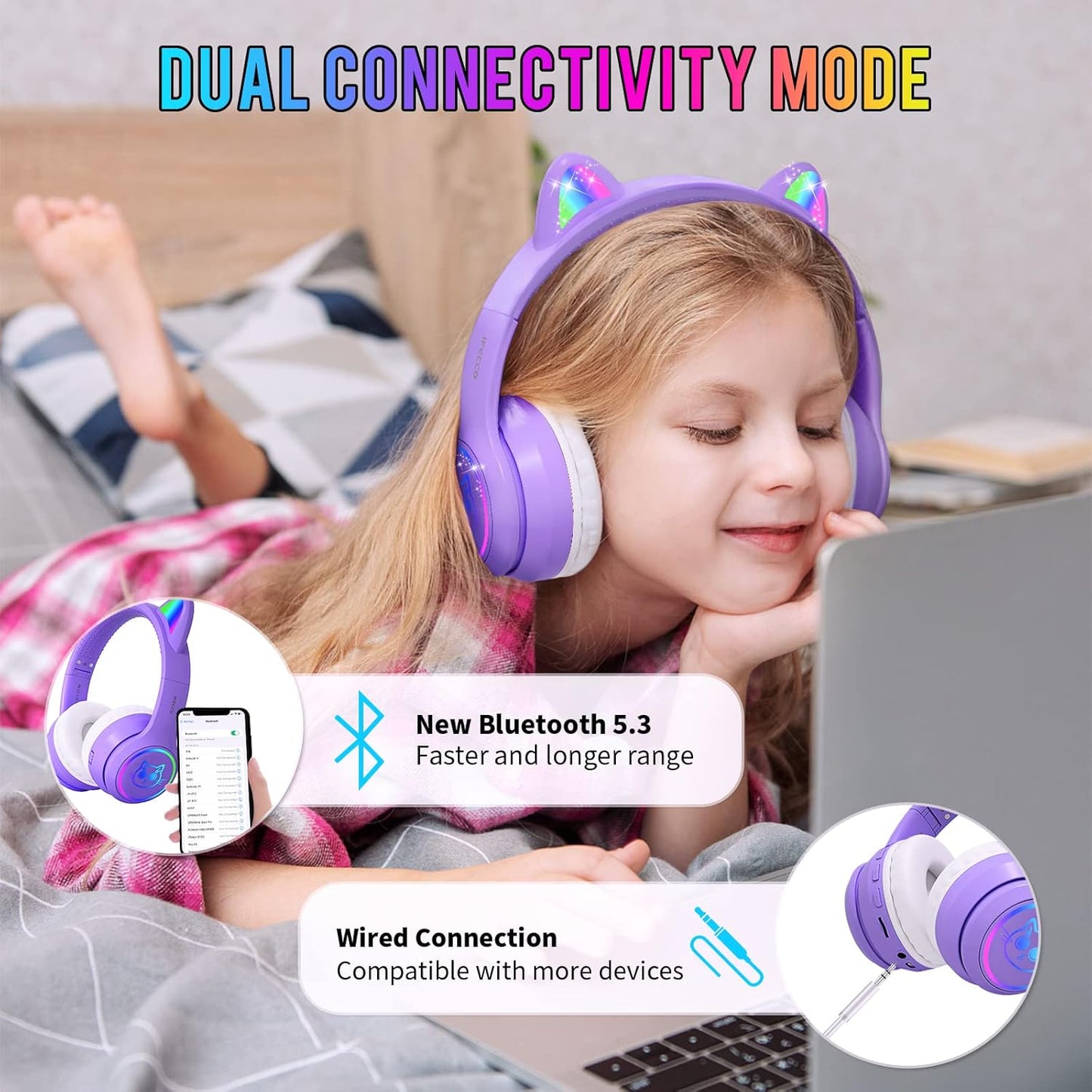 Kids Headphones with Microphone Light Up Cat Ear Bluetooth Wireless Headset Volume-limiting for Girls Boys for School Gifts with Case (Purple)