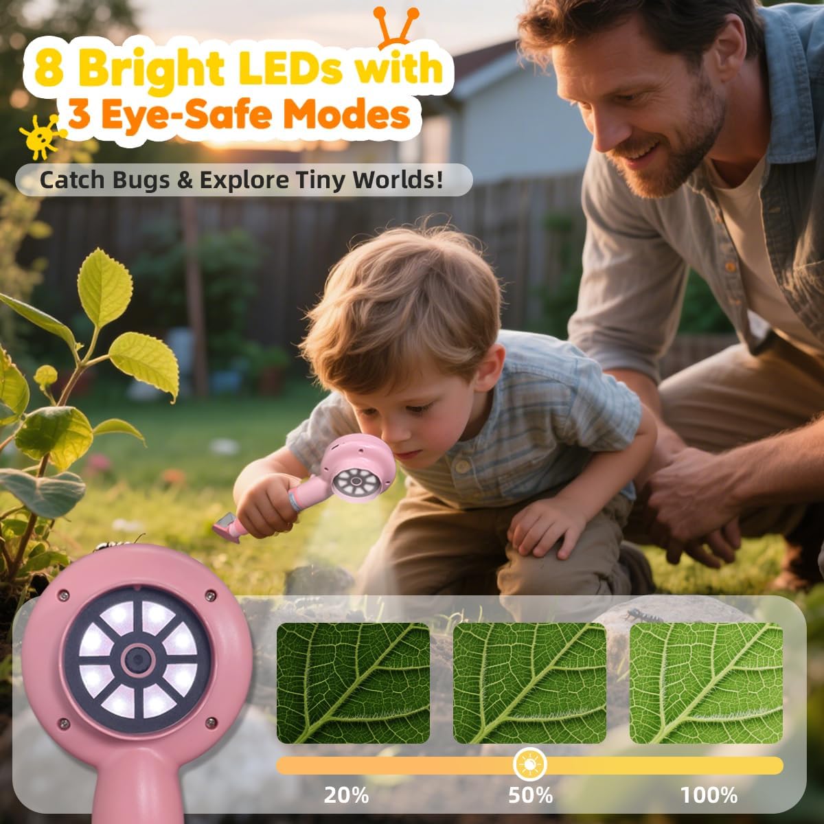 Kids Microscope with Bug Catcher Kit, 1080P Digital Mini Handheld Microscope STEM Science Toy with LED Light, Rechargeable, Portable, Supports 64GB TF Card, Educational Gift for Kids Ages 3-12 (Pink)