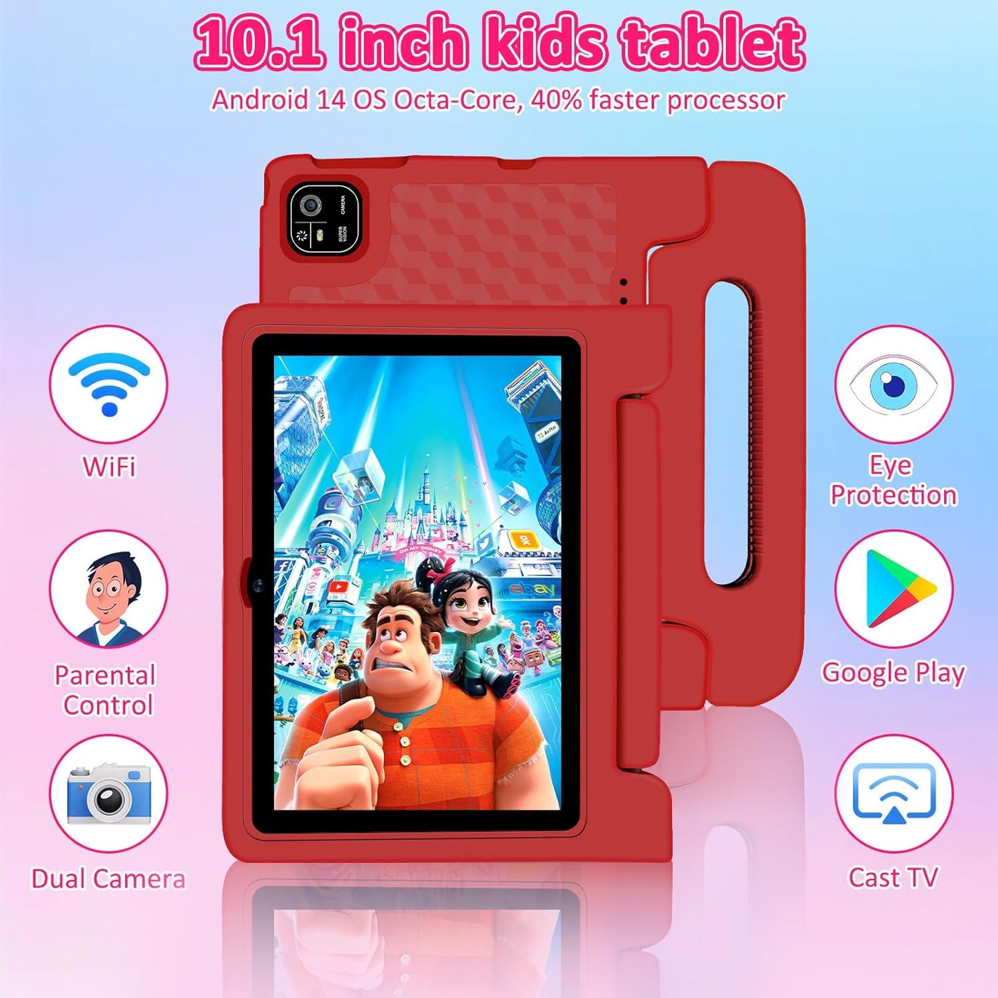 Kids Tablet, 10.1 inch IPS HD Touchscreen Android 14 64 GB Storage, 8GB RAM, Octa Core Tablet for Kid with Kid-Proof Case, Parental Controls, 12-hr Battery, WiFi, GPS – Red