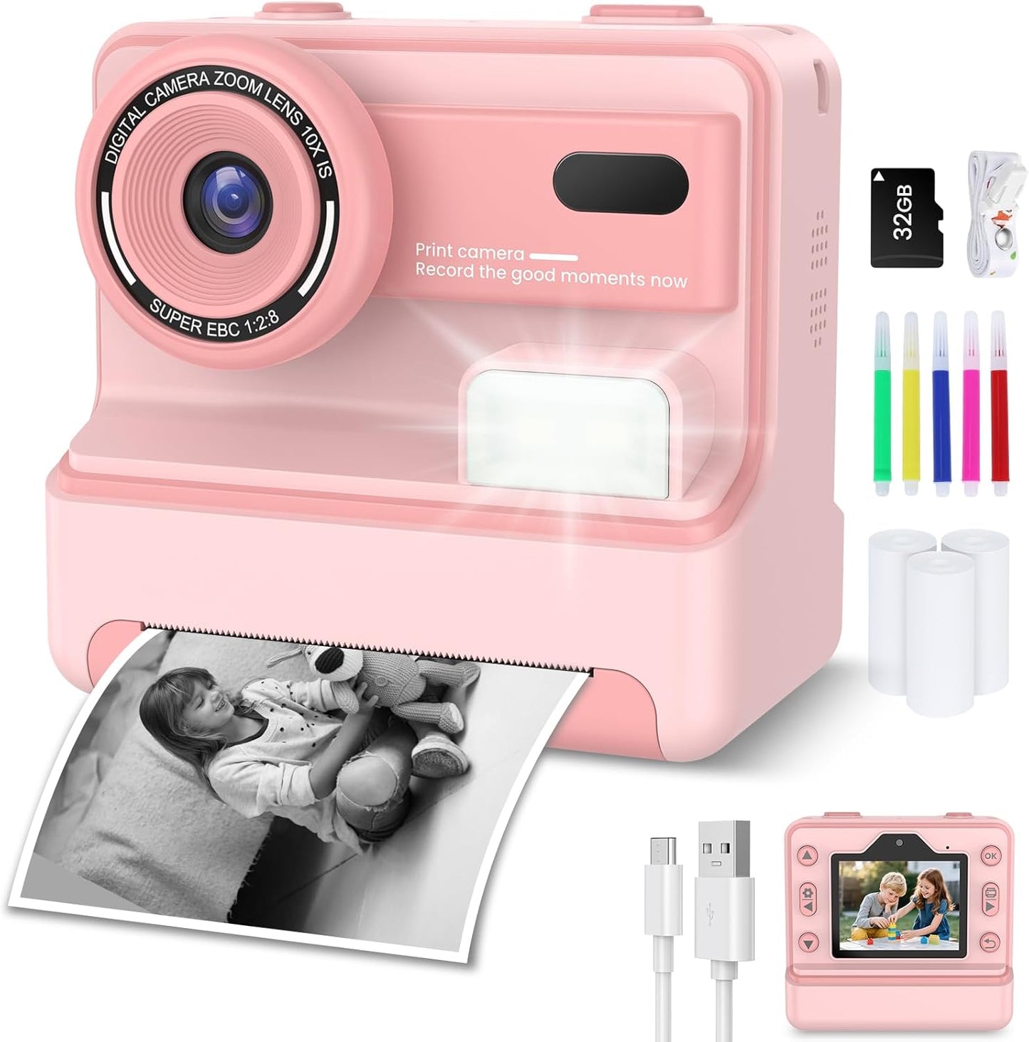 Kids Camera Instant Print, Dual-Lens Selfie Camera for Kids with 1080P Videos, 2.4 Inch Screen, 32GB SD Cards & 3 Rolls Print Paper, Christmas Birthday Gifts for Girls Age 3-12