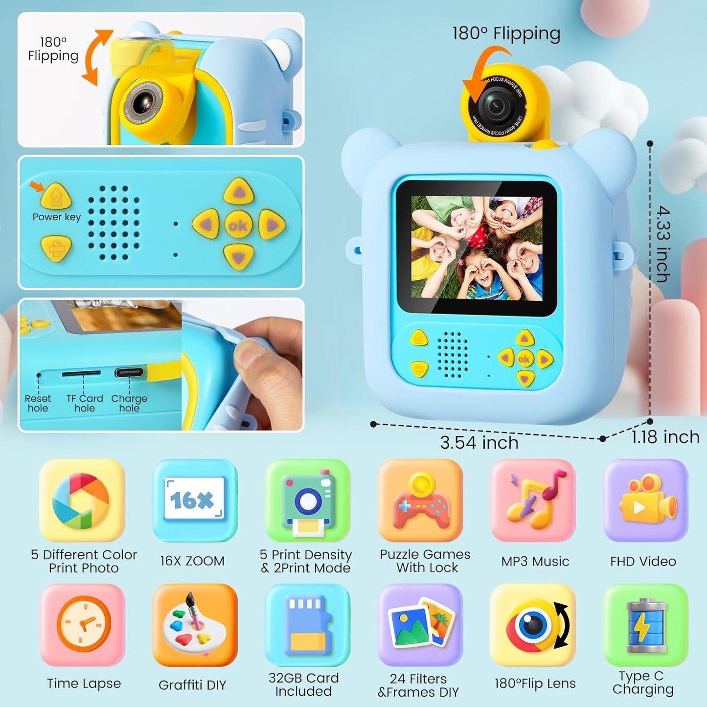 Kids Camera Instant Print, 7 Print Paper (4 Color: O/R/G/B+3 B&W), 2.4" Screen Instant Camera for Kids Ages 3-12,1080P, 180°Flip Lens,32GB Card- Christmas Birthday Present for Boys & Girls,M2