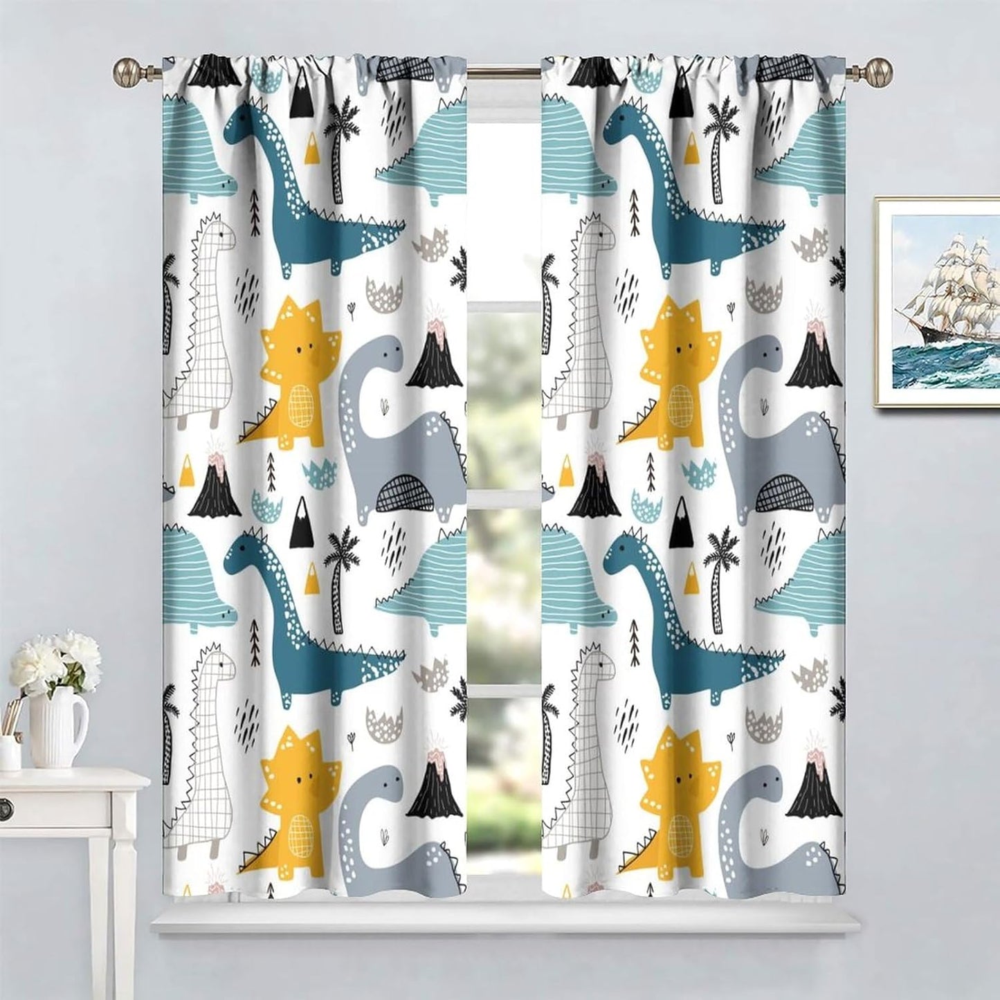Kids Dinosaur Curtains for Boys Girls Bedroom Decor Cartoon Dino Colorful Cute Funny Wildlife Animal Printed Blackout Rod Pocket Window Drapes for Baby Nursery Playroom Living Room W42xL84in 2 Panels
