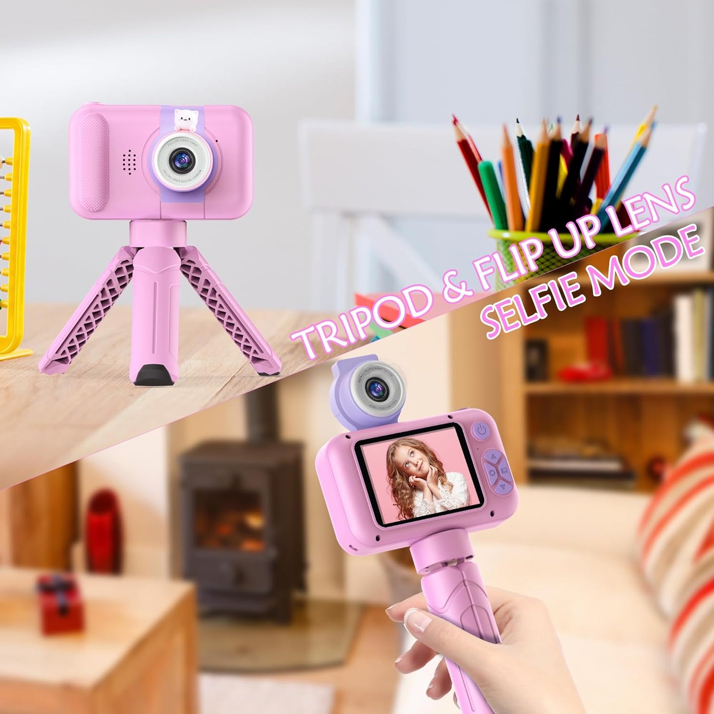 Kids Camera with Flip-up Lens for Selfie & Video, HD Digital Camera with 32GB SD Card, Ideal for 3-8 Years Old Girls Boys on Birthday Christmas Party as Gift(Pink)