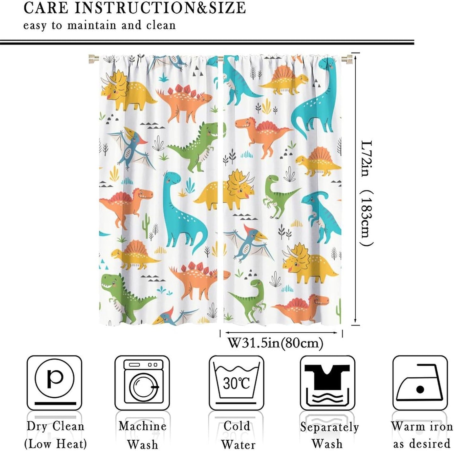 Kids Dinosaur Curtains for Boy Girl Bedroom Decor Cartoon Dino Colorful Cute Funny Animal Wildlife Printed Blackout Rod Pocket Window Drapes for Baby Nursery Playroom Living Room W31.5xL72in 2 Panels