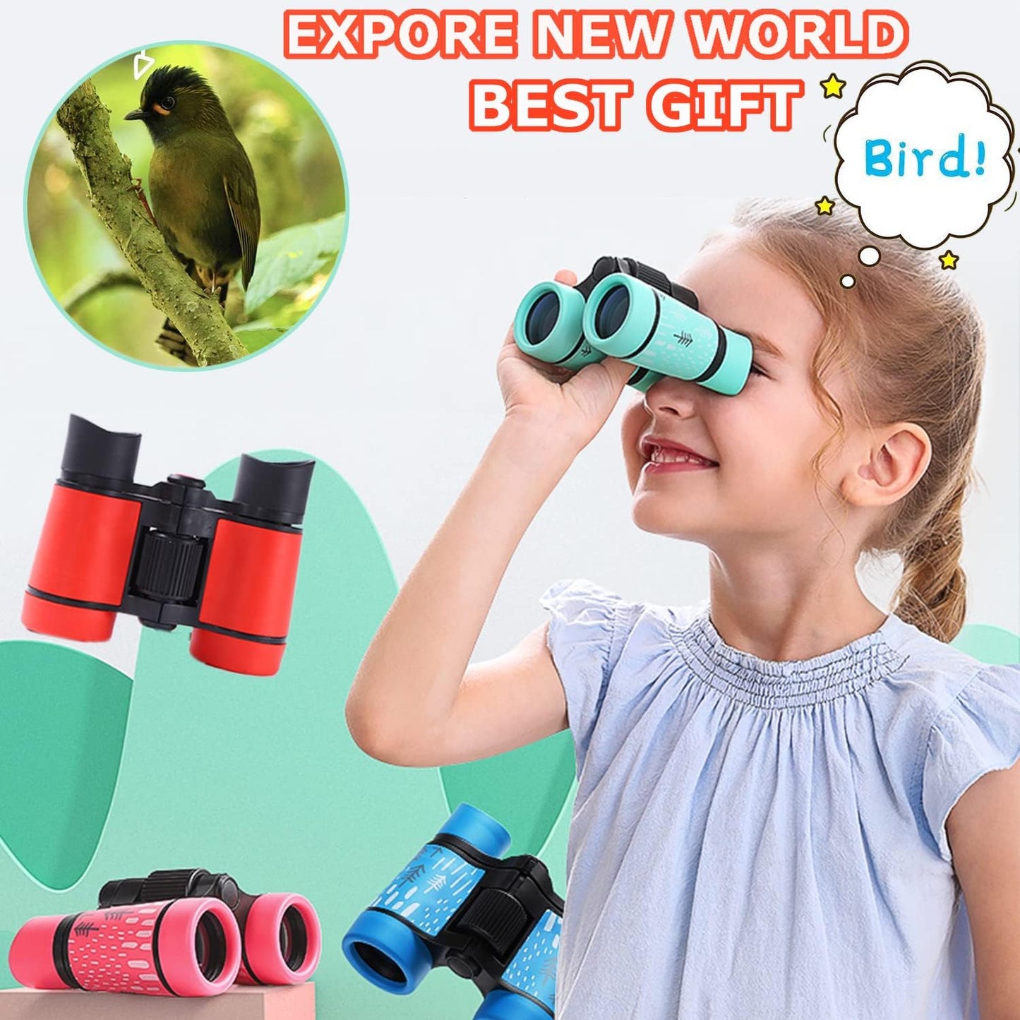 Kids Binoculars Best Gifts for 3-12 Years Boys Girls High-Resolution Optics Shockproof Mini Compact Binocuolar Toys Folding Small Telescope for Bird Watching Camping Outdoor Play
