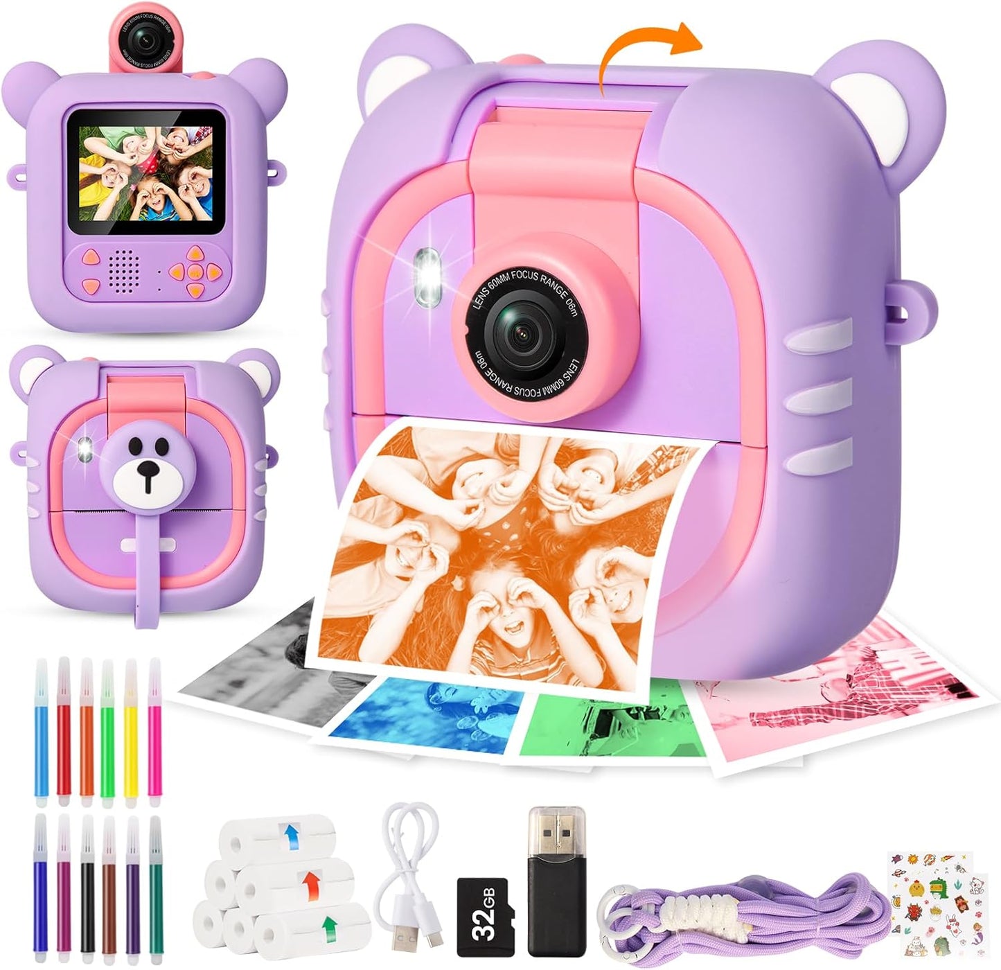 Kids Camera Instant Print, 7 Print Paper (4 Color: O/R/G/B+3 B&W), 2.4" Screen Instant Camera for Kids Ages 3-12,1080P, 180°Flip Lens,32GB Card- Christmas Birthday Present for Boys & Girls,M2