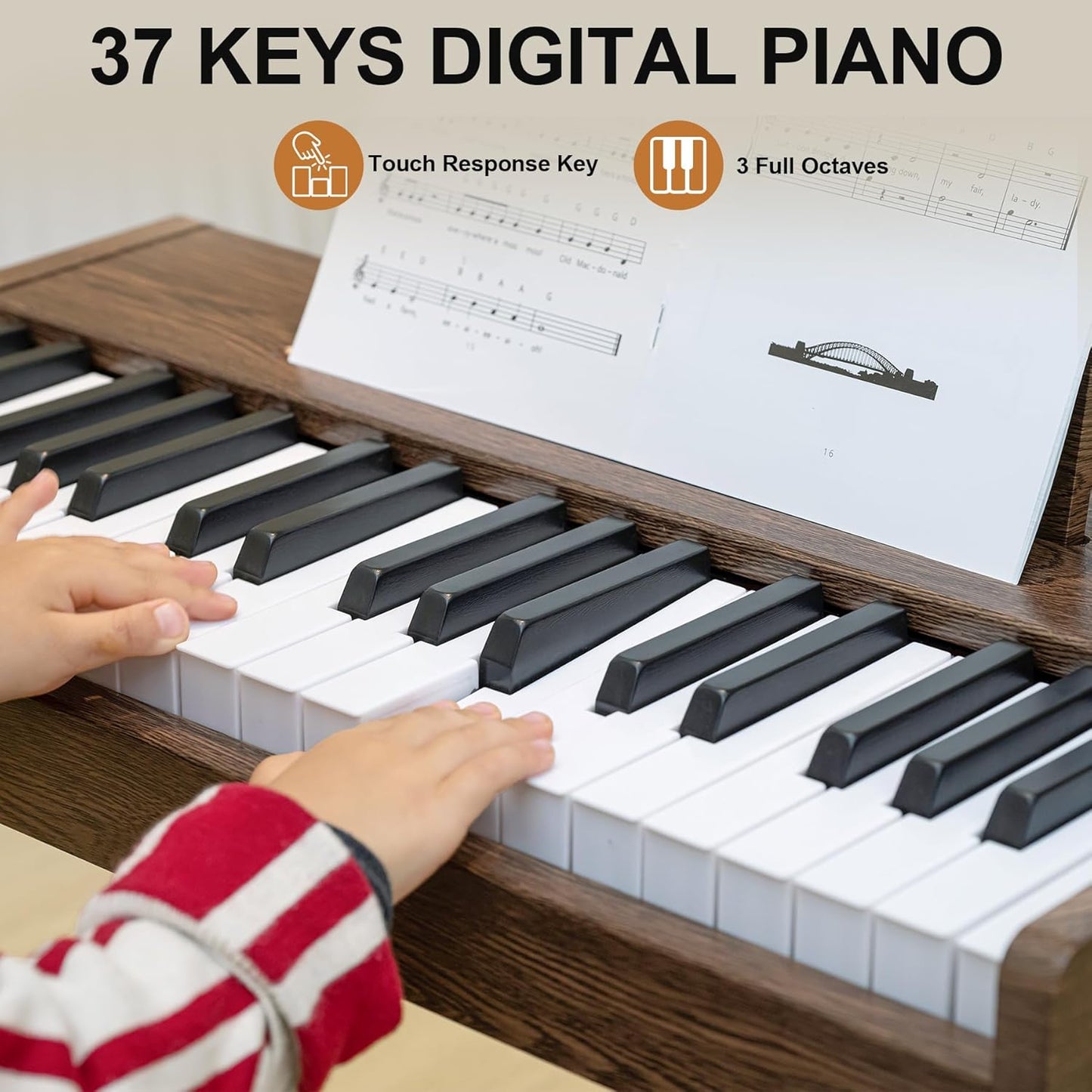 Kids Keyboard Piano, 37 Keys Digital Piano, Toddler Musical Instruments, Wooden Kids Piano with Bench, Toddler Piano for 3+ Girls and Boys, Walnut