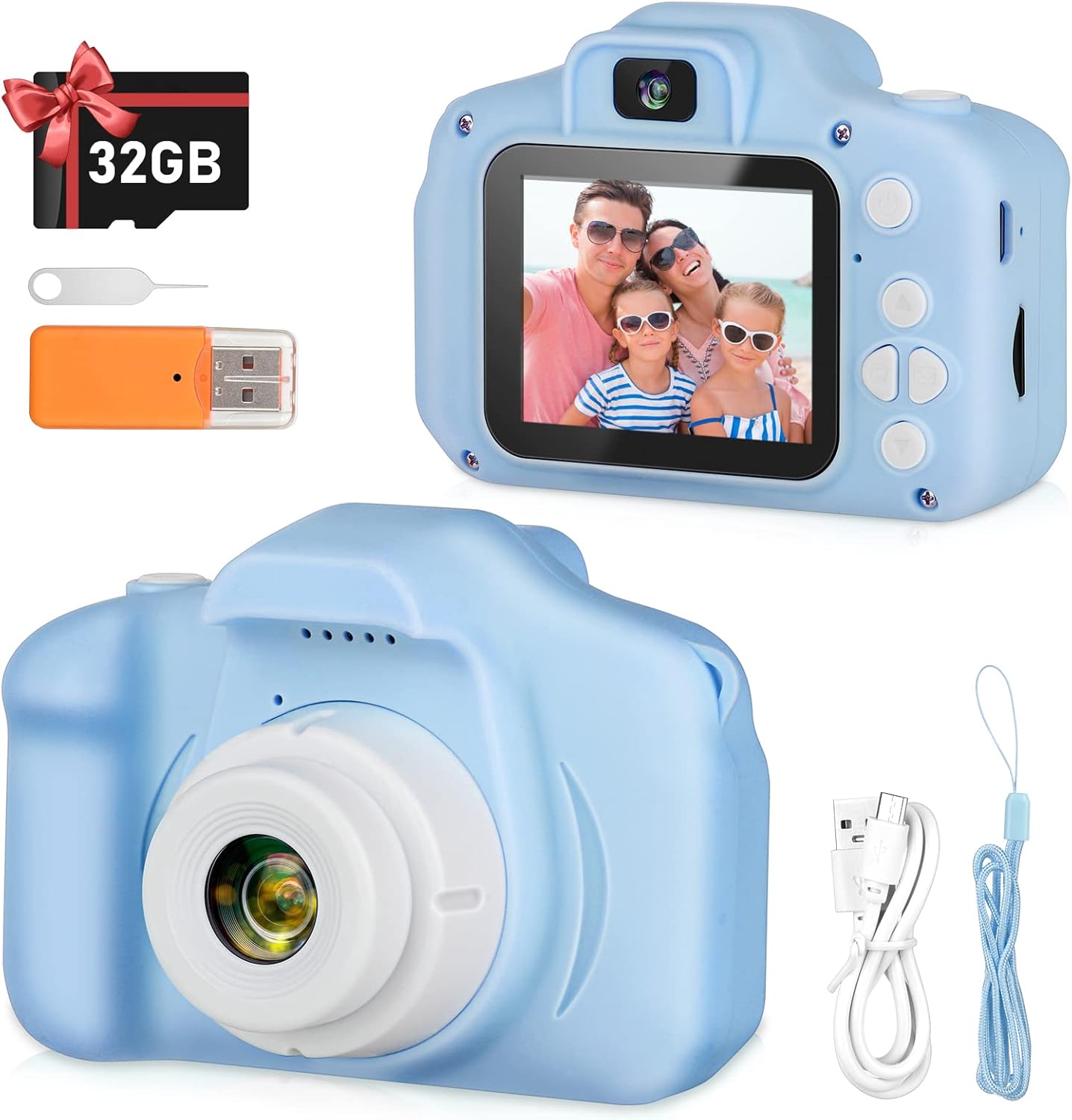 Kids Camera, HD Digital Video Camera, Childrens Toys for 3 4 5 6 7 8 9 Year Old Boys/Girls, Selfie Camera for Kids, Christmas Birthday Gifts with 32GB SD Card (Blue)