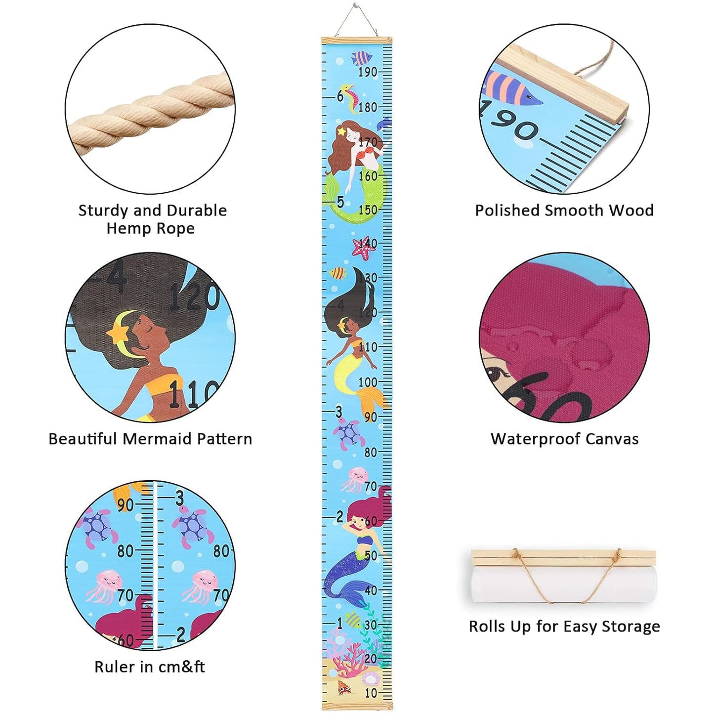 Kids Growth Chart Height Measuring Chart, Mermaid Canvas Wall Hanging Rulers for Baby Children Girls Bedroom Decor 74.8''* 7.87''