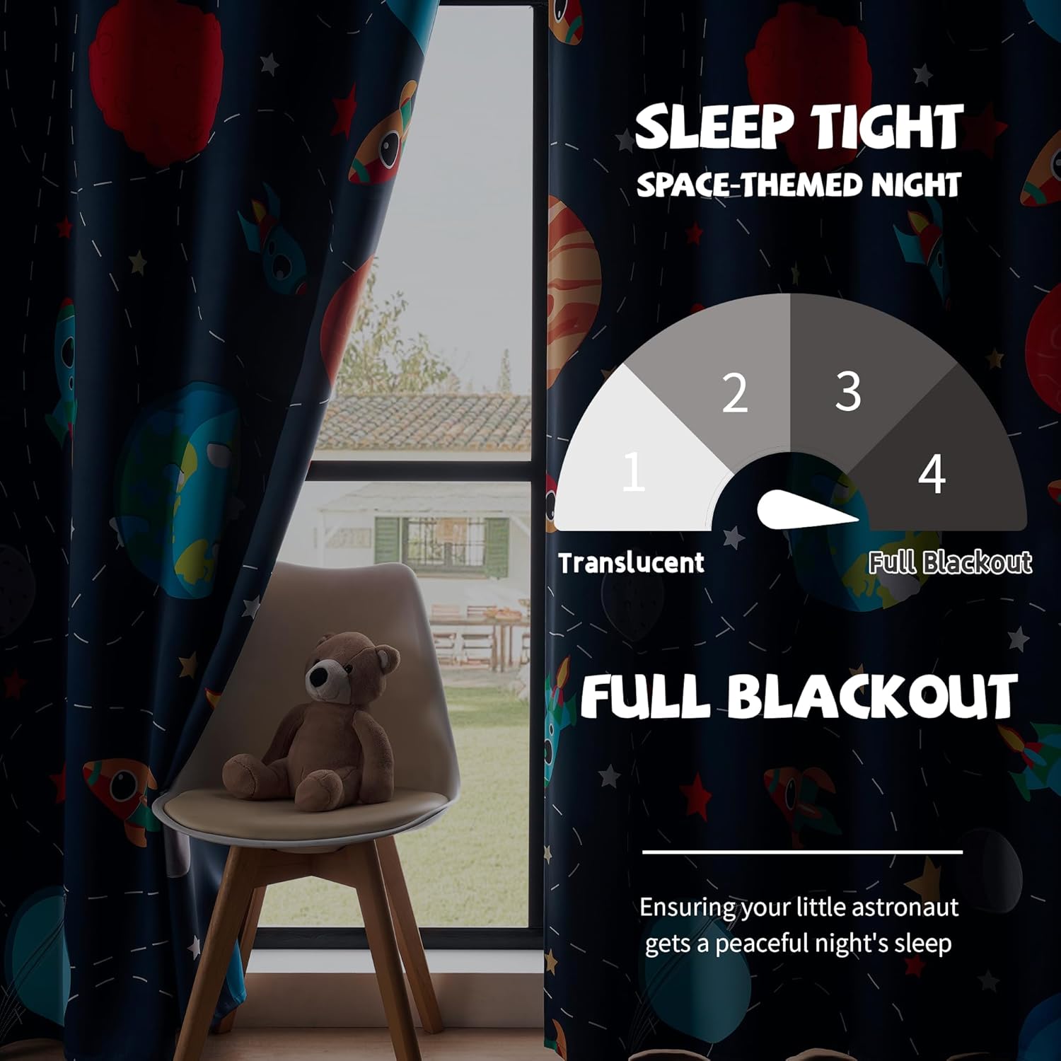 Kids Space Themed Blackout Curtains - 2 Panels, Each W42×L54, 100% Blackout, Perfect for Bedroom and Nursery, Energy Saving with Vibrant Cosmos Patterns