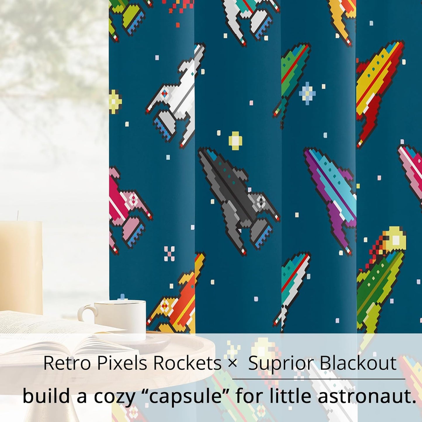 Kids Pixel Rocket Blackout Curtains - 100% Blackout, Thermal Insulated, Noise Reducing, Perfect for Kids Room and Nursery, 2 Panels (Pixel Rocket Fleet, W52×L63)