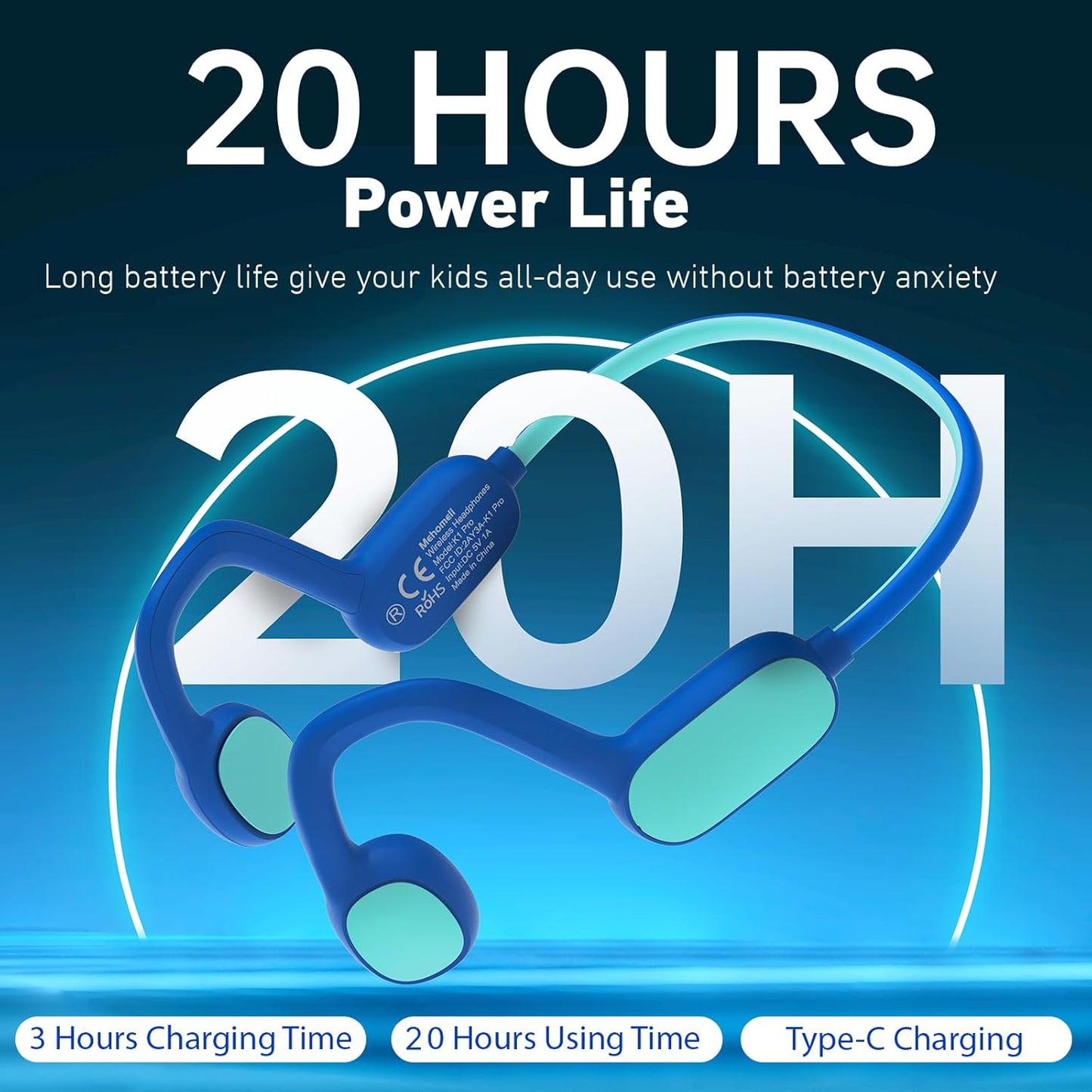 Kids Headphones, Bluetooth 5.2 Air Conduction Open Ear Headphones, 85dB Volume Limiting, Stereo Sound with Mic, IPX5 Waterproof, 20H Playtime, Perfect for School and Outdoor Activities-Blue