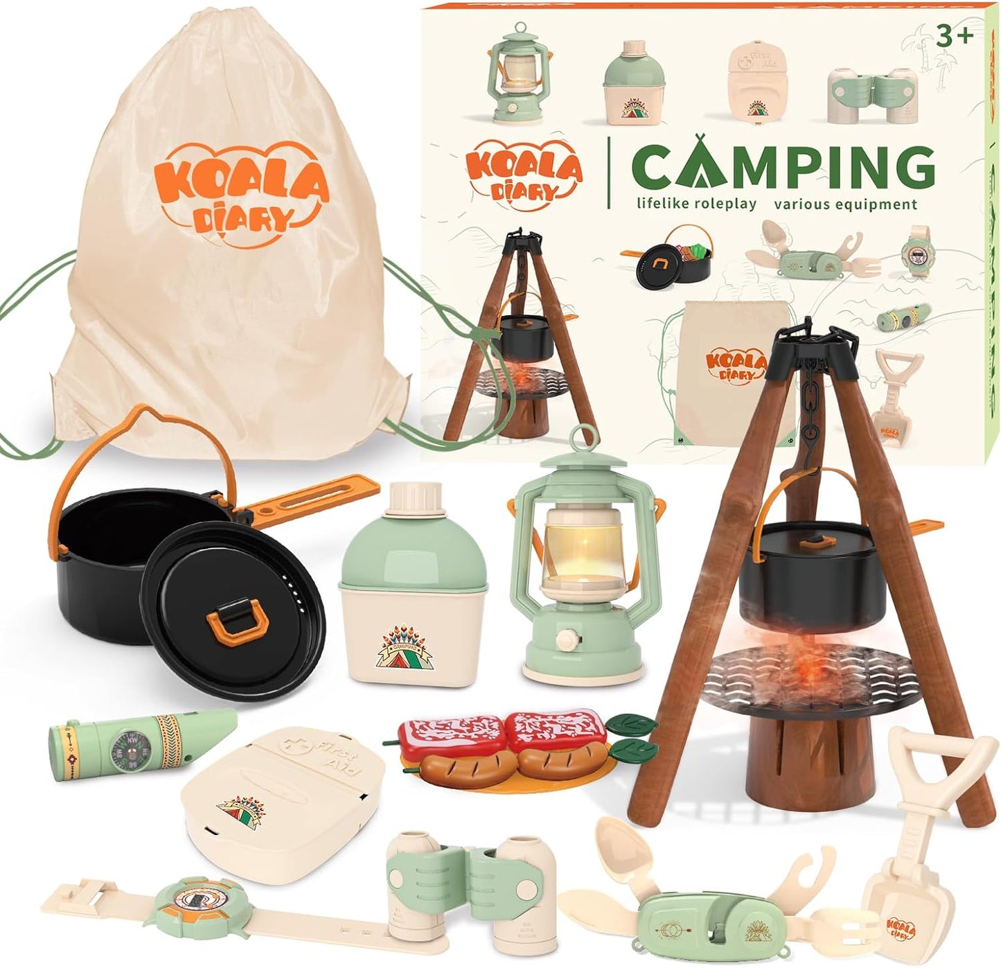 Kids Camping Toys Set - Pretend Play Camping Set with Food Toy, Spray Stove, Oil Lantern, Binoculars, Compass, Tableware, Watch & Storage Bag, Birthday for Ages 3+