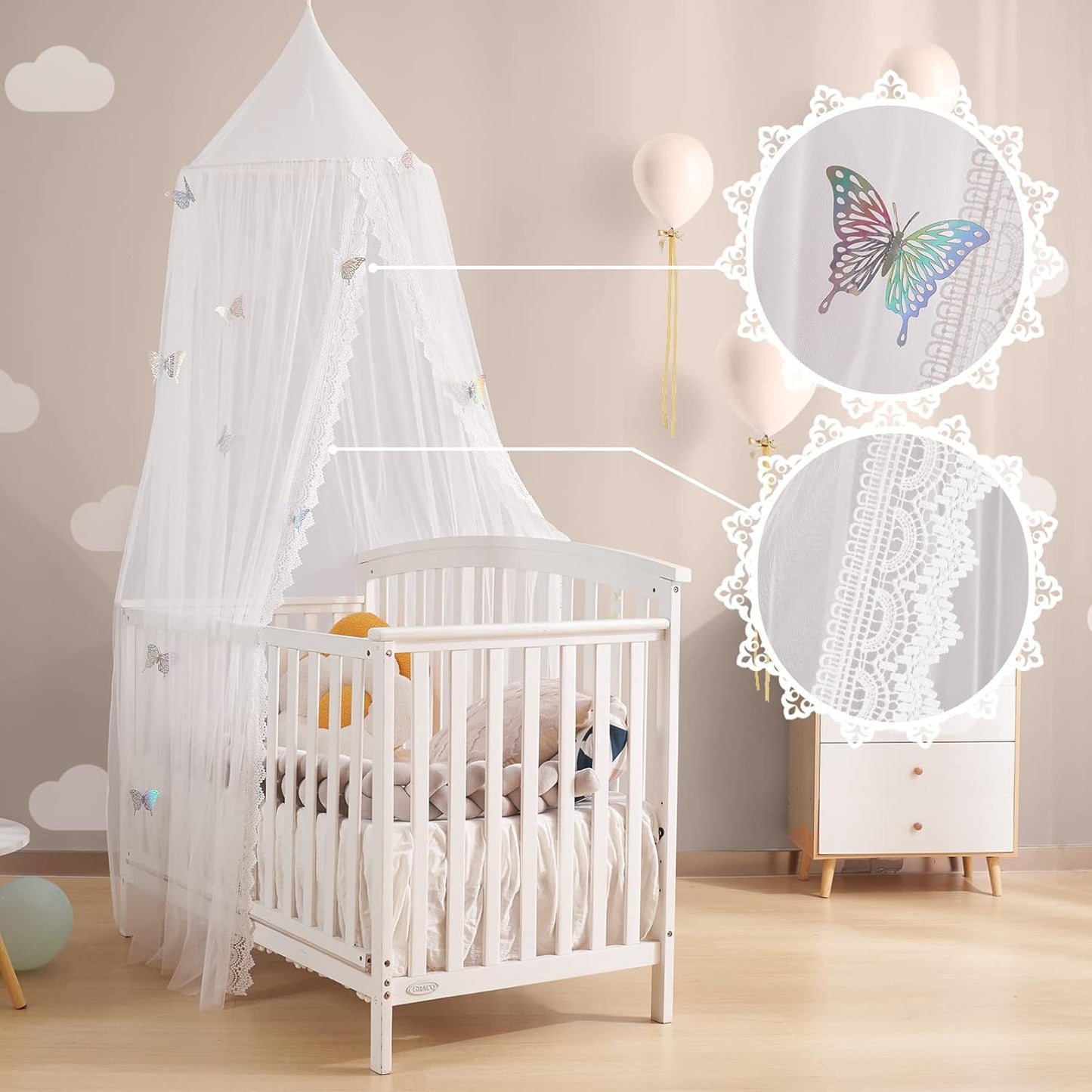 Kids Bed Canopy with Lace Hanging Canopy Net for Baby Crib Nook Castle Game Tent Nursery Play Room Decor (Butterfly)