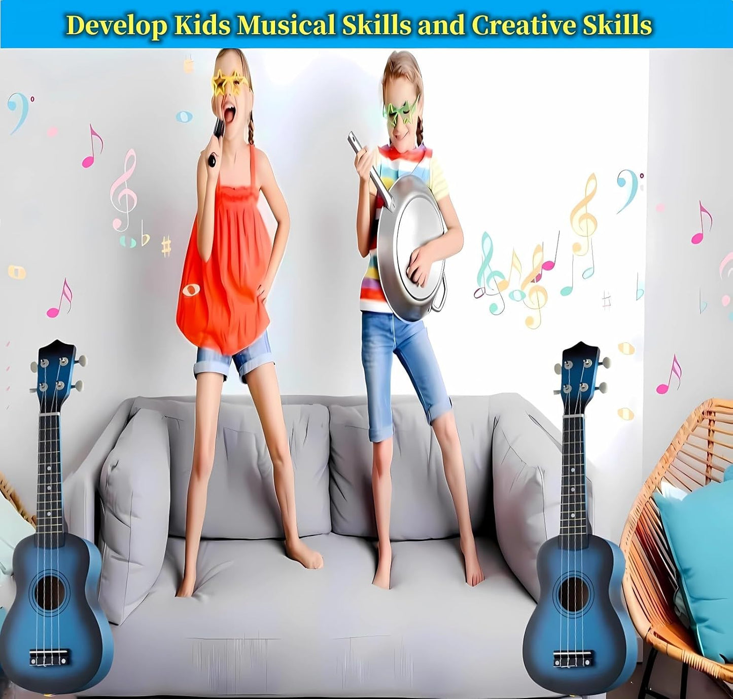 Kids Child Children Wooden Acoustic Guitar Ukulele 21 Inch 4 String Musical Instruments Perfect For Beginner (Blue)