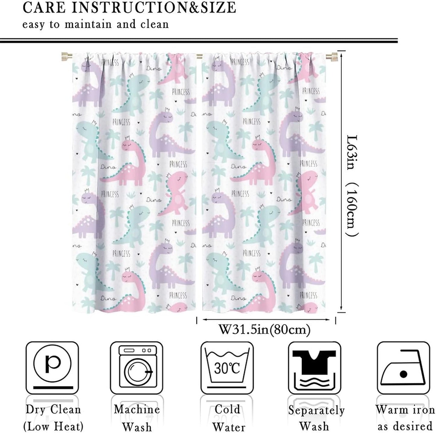 Kids Dinosaur Curtains for Boys Girls Bedroom Decor Cartoon Dino Colorful Cute Funny Animal Wildlife Printed Blackout Rod Pocket Window Drapes for Baby Nursery Playroom W31.5xL63in 2 Panels