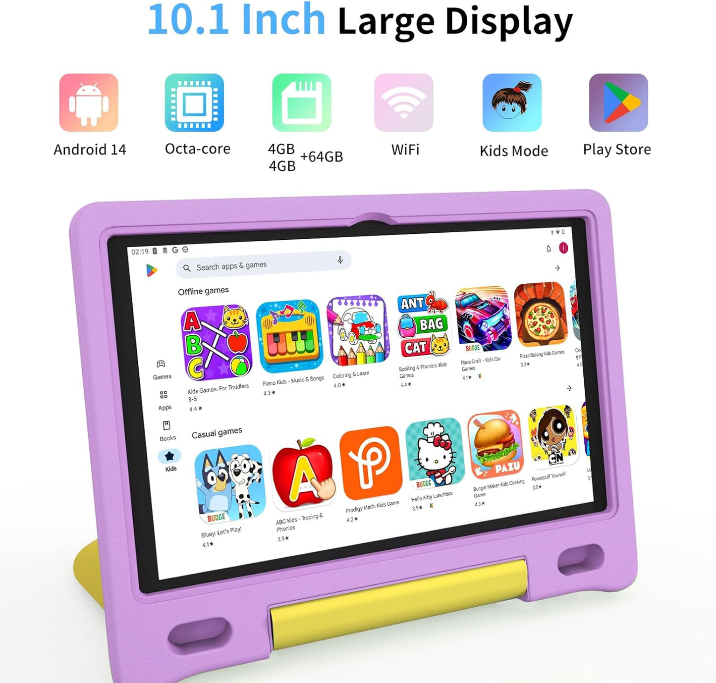 Kids Tablet, 10.1 Inch Tablet for Kids, Android 14, 64GB, Octa-Core CPU, WiFi, Big Battery, Kids Conten, Parental Control, HD Display Children Age 3-12, Bluetooth, Purple Case