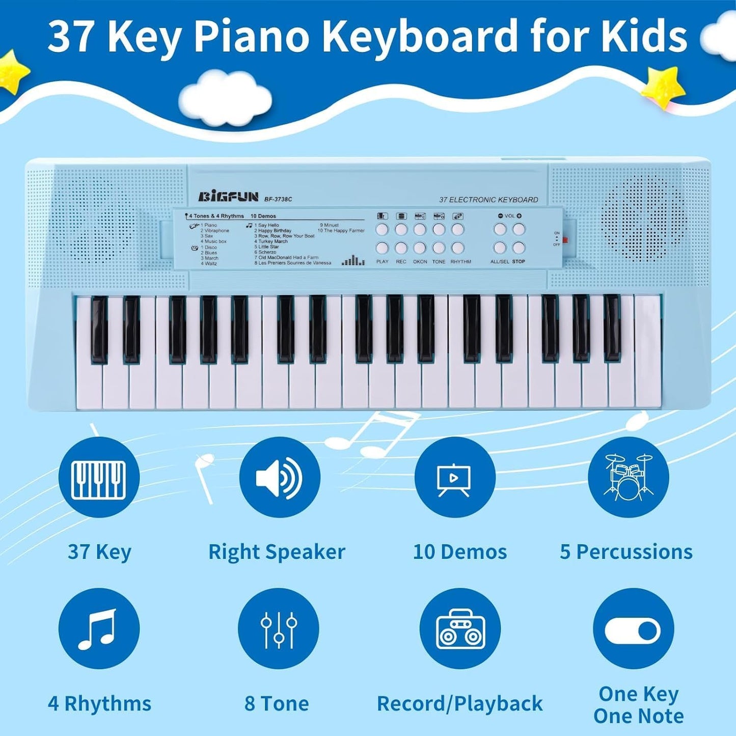 Kids Piano Keyboard, 37 Keys Portable Music Keyboard Early Learning Educational Electronic Music Piano Instrument Toys for 3 4 5 6 Year Old Boys and Girls (Blue)