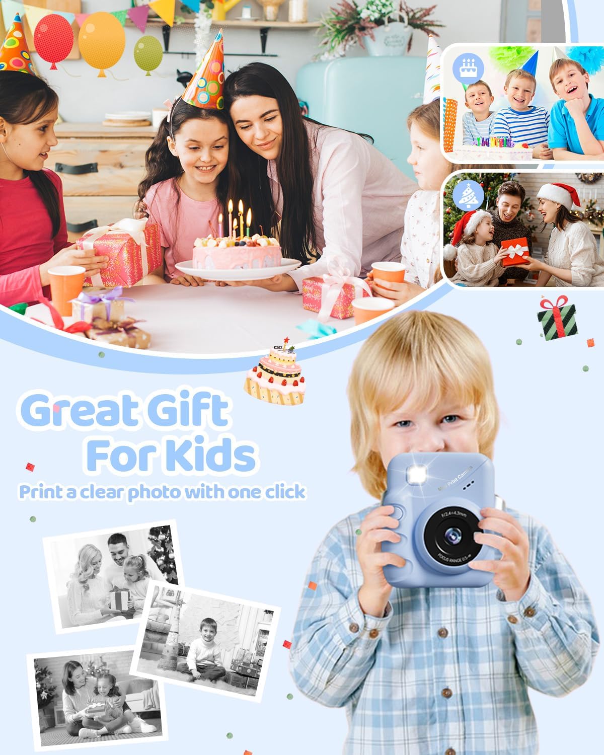 Kids Camera Instant Print for Girls Ages 3-14, 3-inch HD Screen Camera for Kids with Printing Paper, 1080P Digital Toddler Toys for 4 5 6 7 8 9 10 11 12 Years Old (Blue)