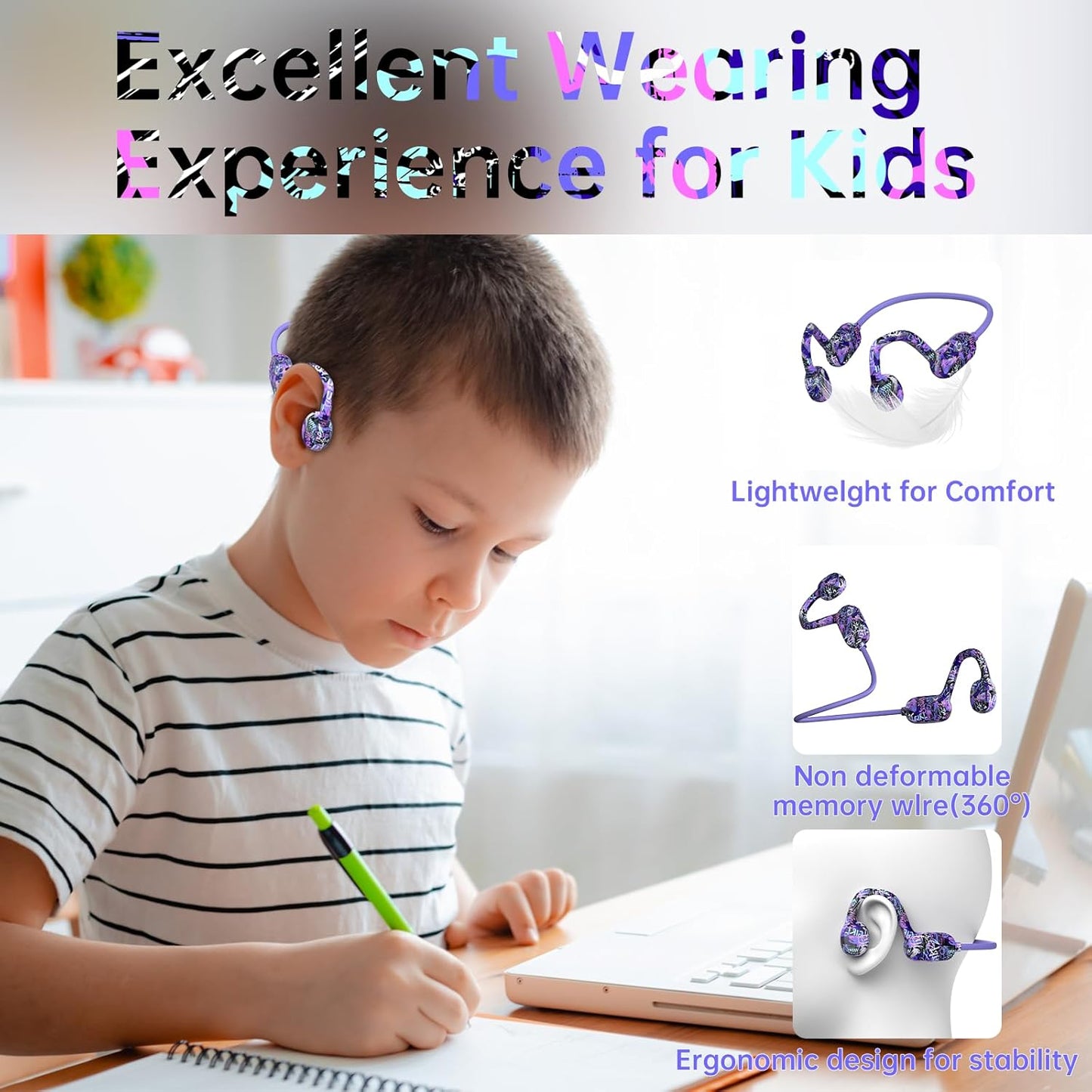 Kids Headphones, Bluetooth 5.2 Air Conduction Open Ear Headphones, 85dB Volume Limiting, Stereo Sound with Mic, IPX5 Waterproof, 20H Playtime, Perfect for School and Outdoor-Deep Blue