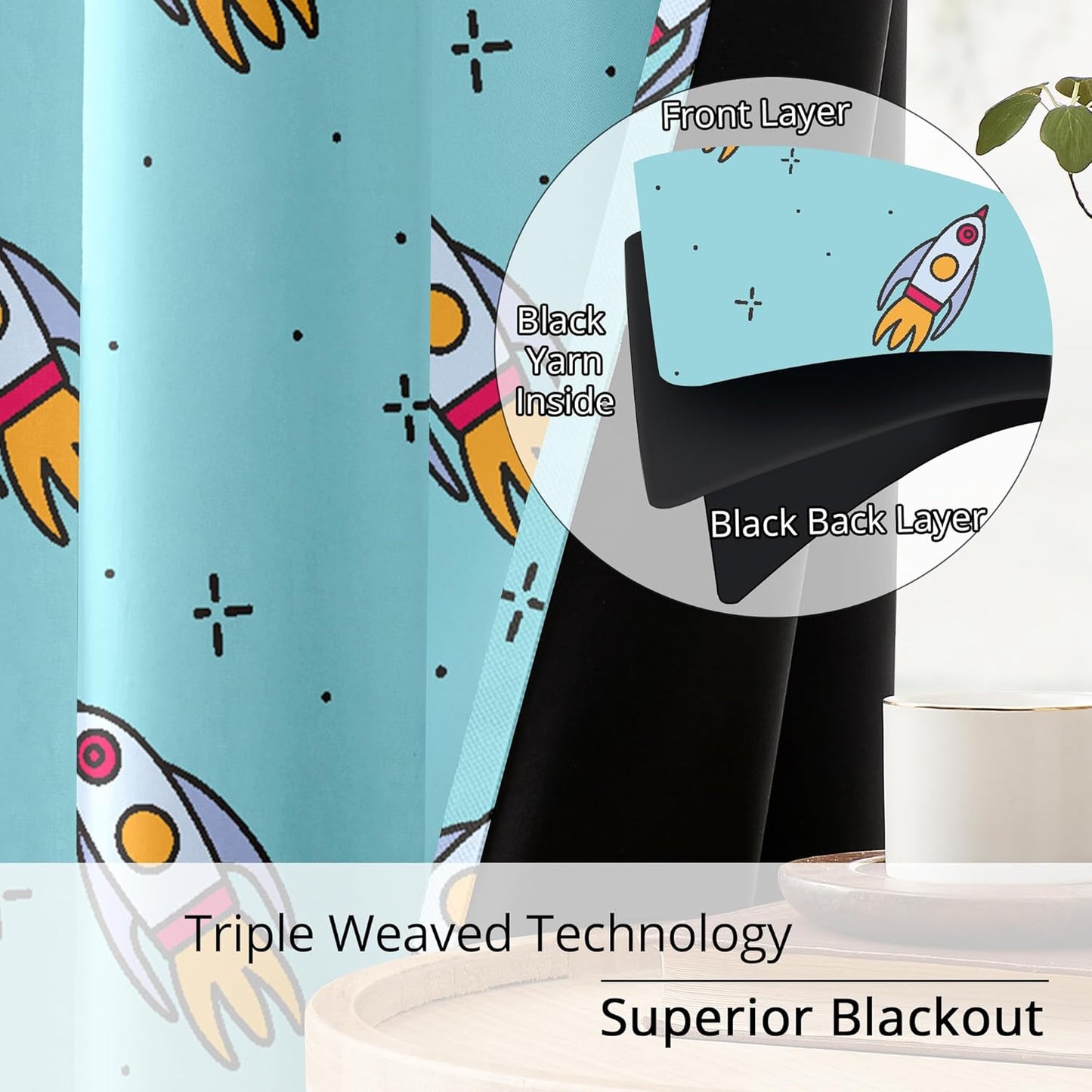 Kids Space Rockets Blackout Curtains - 100% Blackout, Thermal Insulated, Noise Reducing, Perfect for Kids Room and Nursery, 2 Panels (Aqua Mini Rockets, W52×L63)