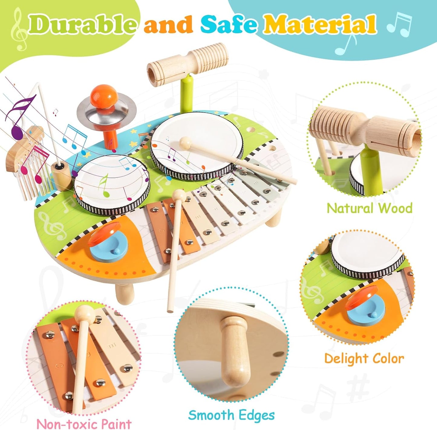 Kids Drum Set for Toddlers, Wooden Musical Instruments Baby Preschool Educational Musical Toys, Xylophone Wind Chime Kids Music Set Sensory Toys Birthday Gifts for Girls Boys