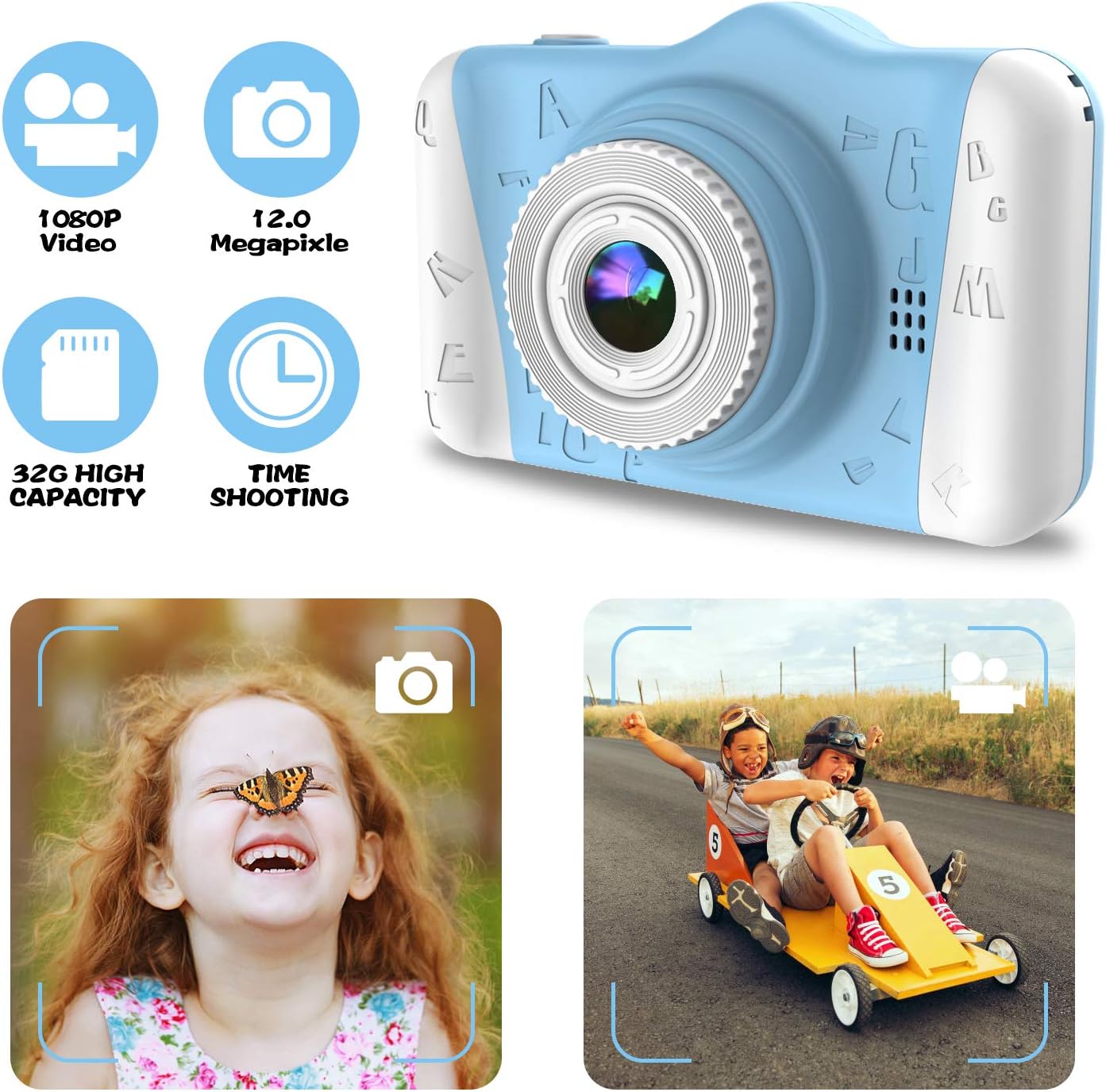 Kids Camera, 12MP Children's Camera for Boys and Girls, 1080P Rechargeable No Games Camera for Kids 3-12 Years Old with 32GB TF Card, USB Charging 8X Zoom.