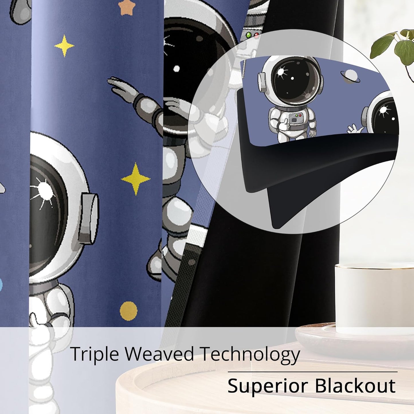 Kids Astronaut Blackout Curtains - 100% Blackout, Thermal Insulated, Noise Reducing, Perfect for Kids Room and Nursery, 2 Panels (Spacewalk Buddies, W52×L84)