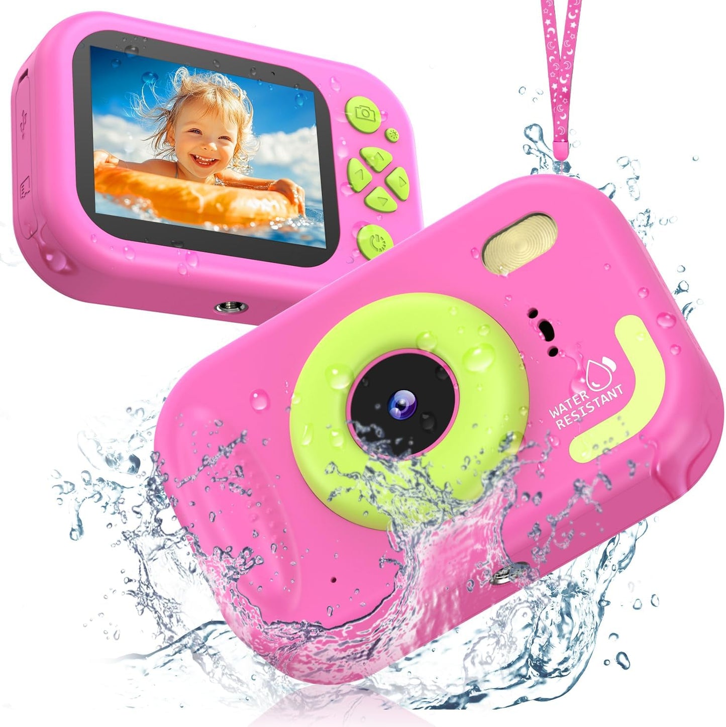 Kids Camera Waterproof, IP68 Underwater Camera for Kids Aged 3-12, HD Kids Digital Camera with 1080P Video Recording, Durable ABS Material, Pool Toys for Boys Girls with 32GB Card (Pink)