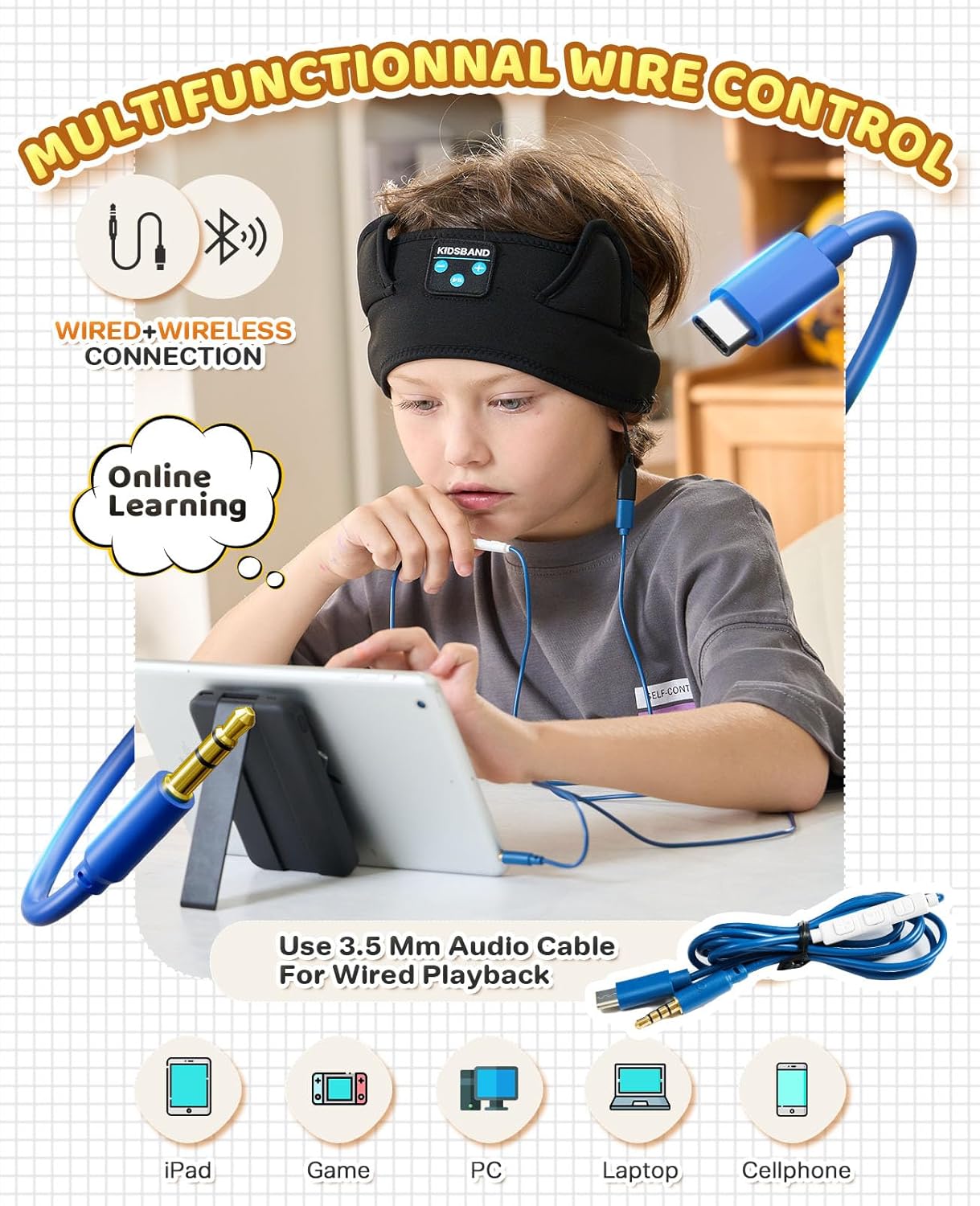 Kids Headphones Headband - Foldable with Adjustable Headband, 3.5 MM Jack for Online Learning, Plane, Travel, Tablet, iPad, Computer