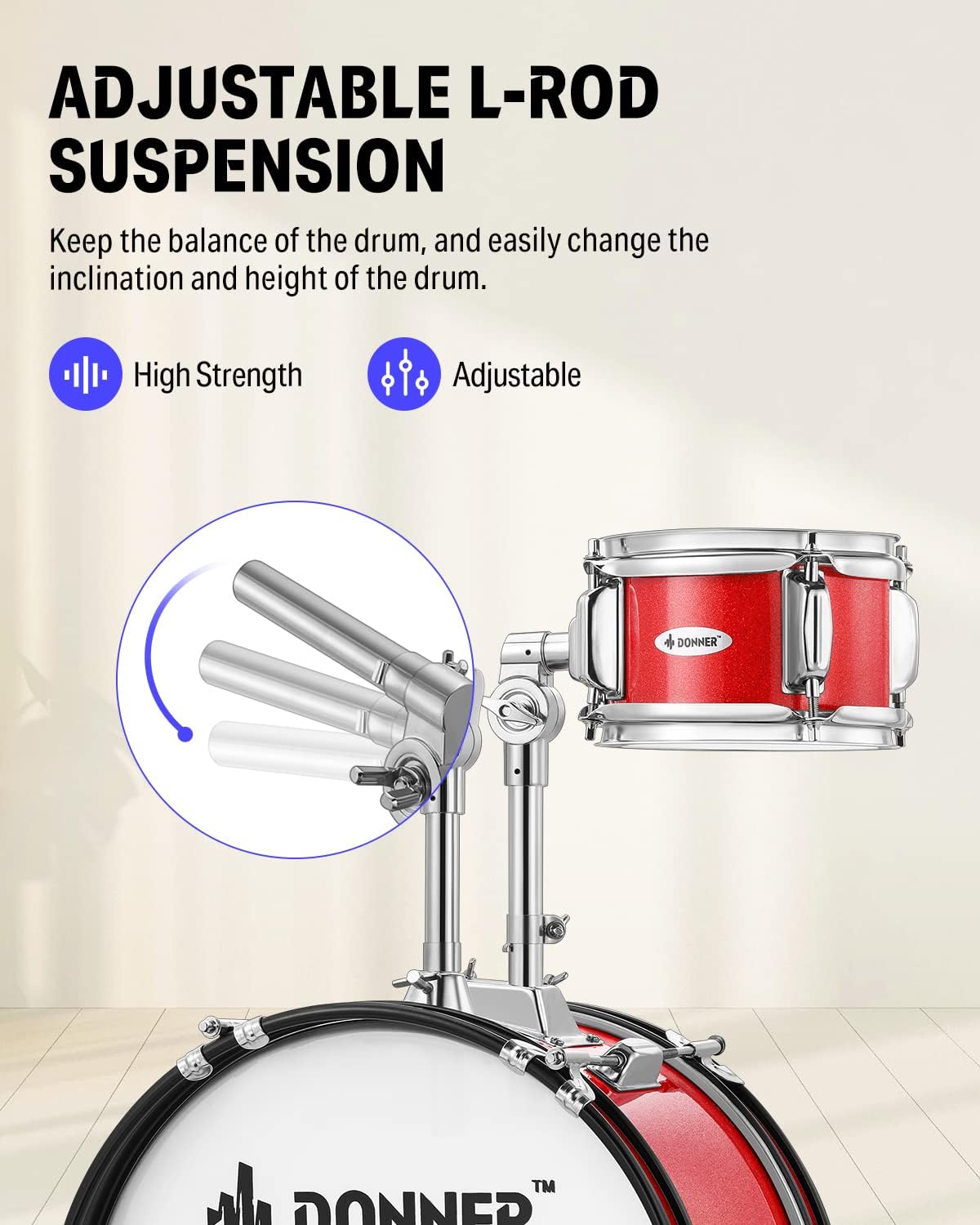 Kids Drum Sets Donner 5-Piece for Beginners,14 inch Junior Drum Kit, with Adjustable Throne, Cymbal, Hi-Hat, Pedal & Drumstick-Red