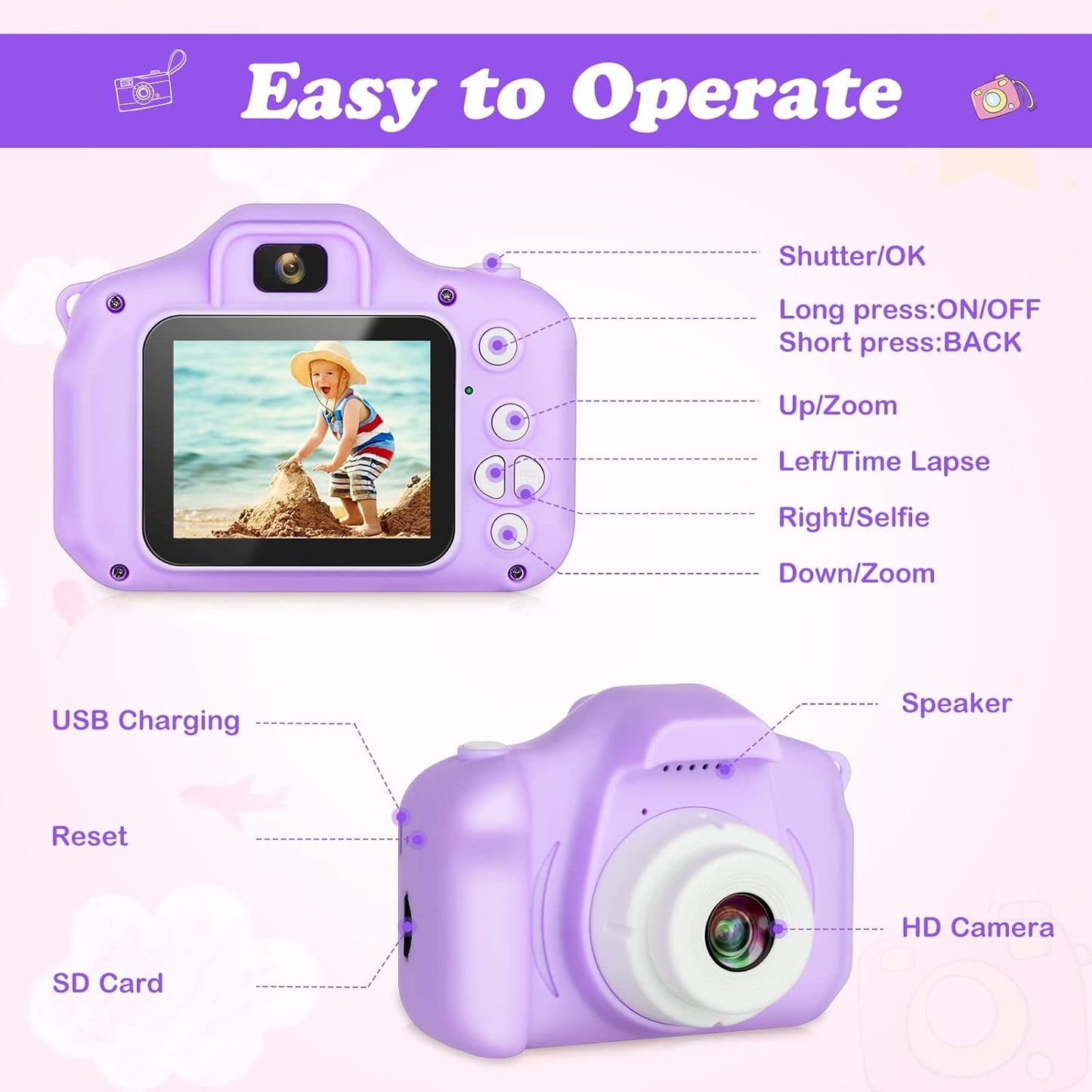 Kids Camera, HD Digital Video Camera, Childrens Toys for 3 4 5 6 7 8 9 Year Old Boys/Girls, Selfie Camera for Kids, Christmas Birthday Gifts with 32GB SD Card (Purple)