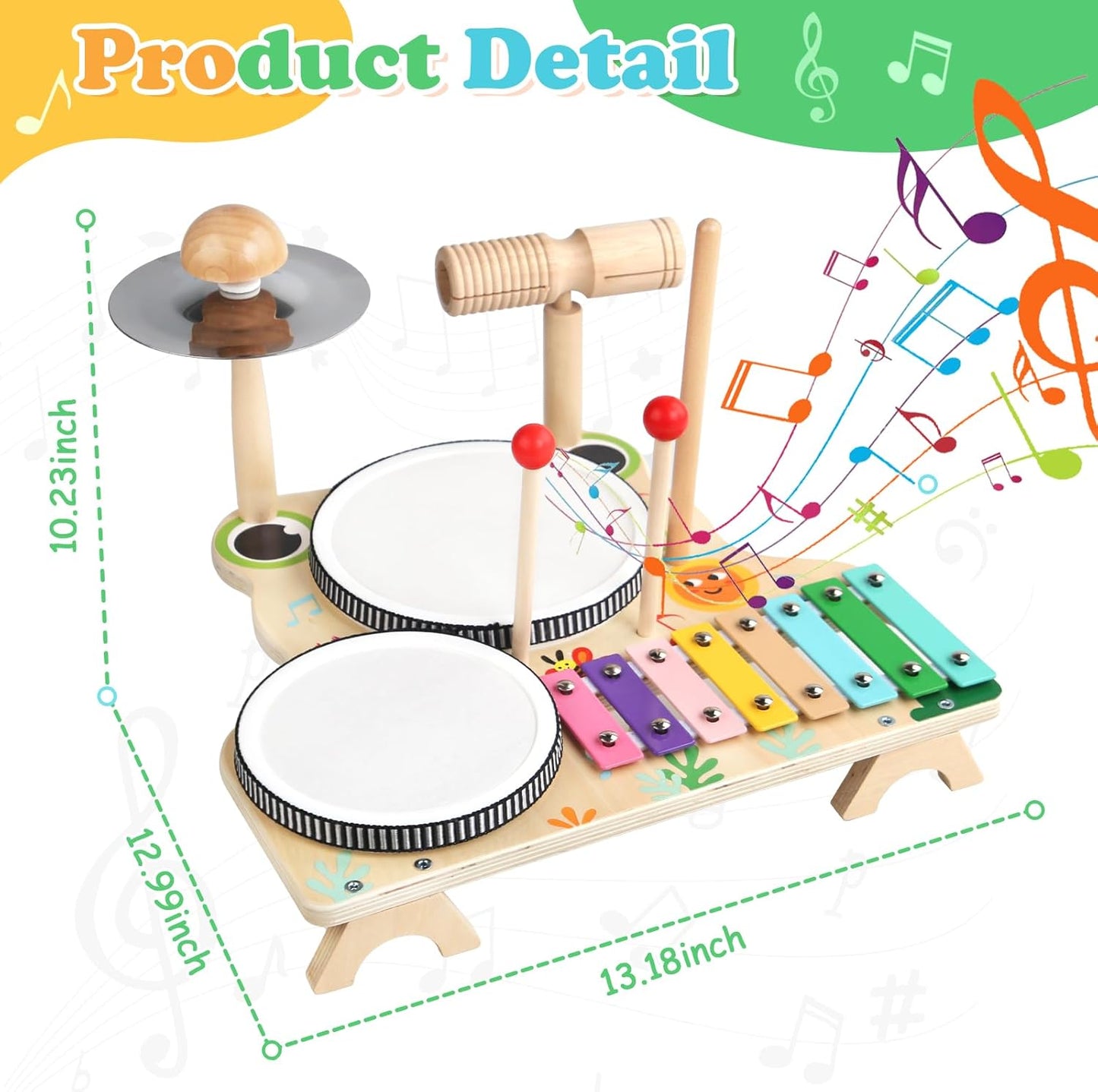 Kids Drum Set for Toddlers, Montessori Wooden Musical Instruments Preschool Educational Baby Musical Toys, Xylophone Bell Music Sensory Toys Birthday Gifts for Girls Boys